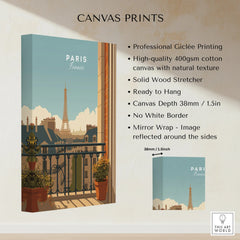 Paris travel poster stretched canvas print with Eiffel Tower, balcony view, and product details