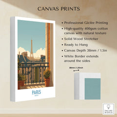 Paris canvas print featuring Eiffel Tower view from balcony, stretched cotton art wall decor