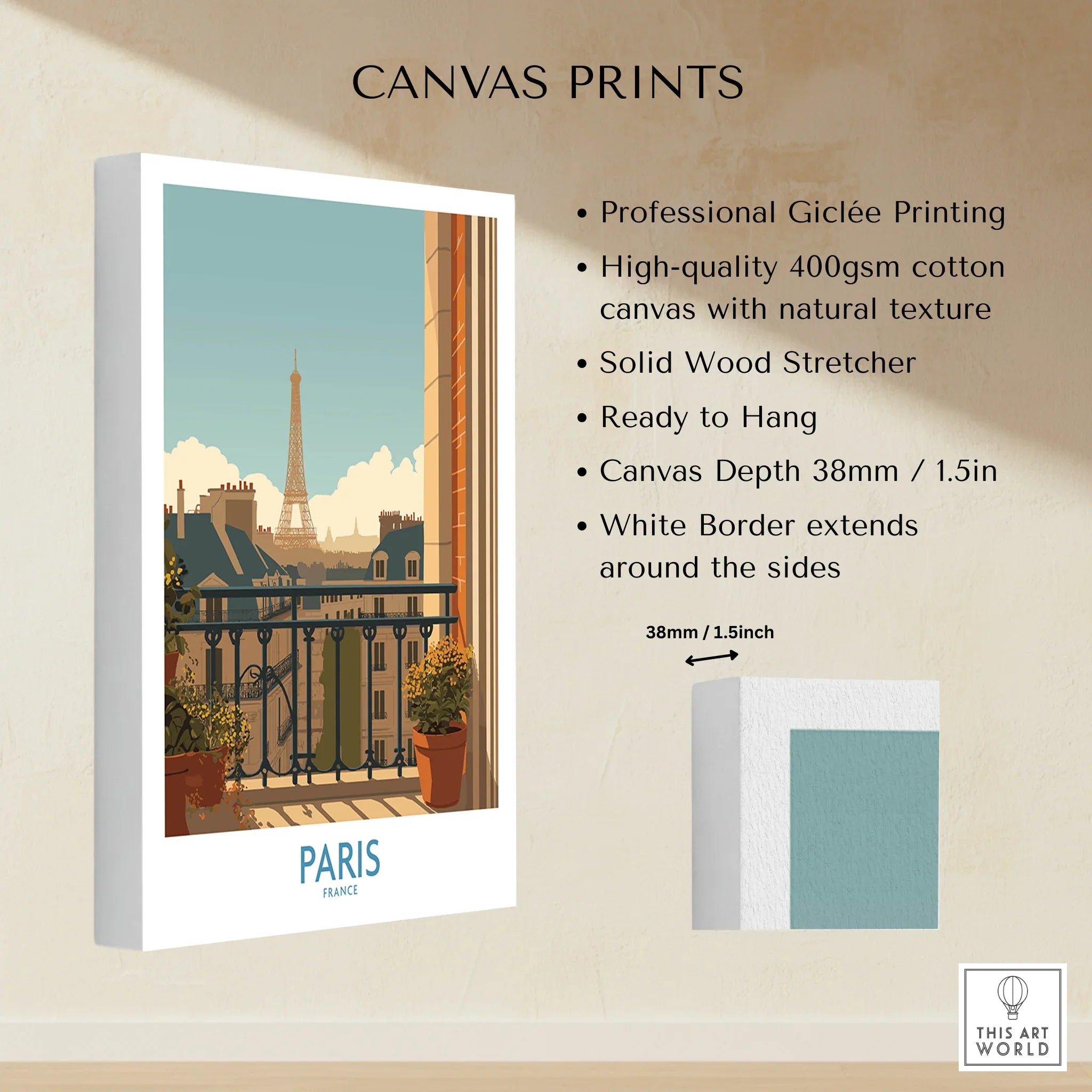 Paris canvas print featuring Eiffel Tower view from balcony, stretched cotton art wall decor