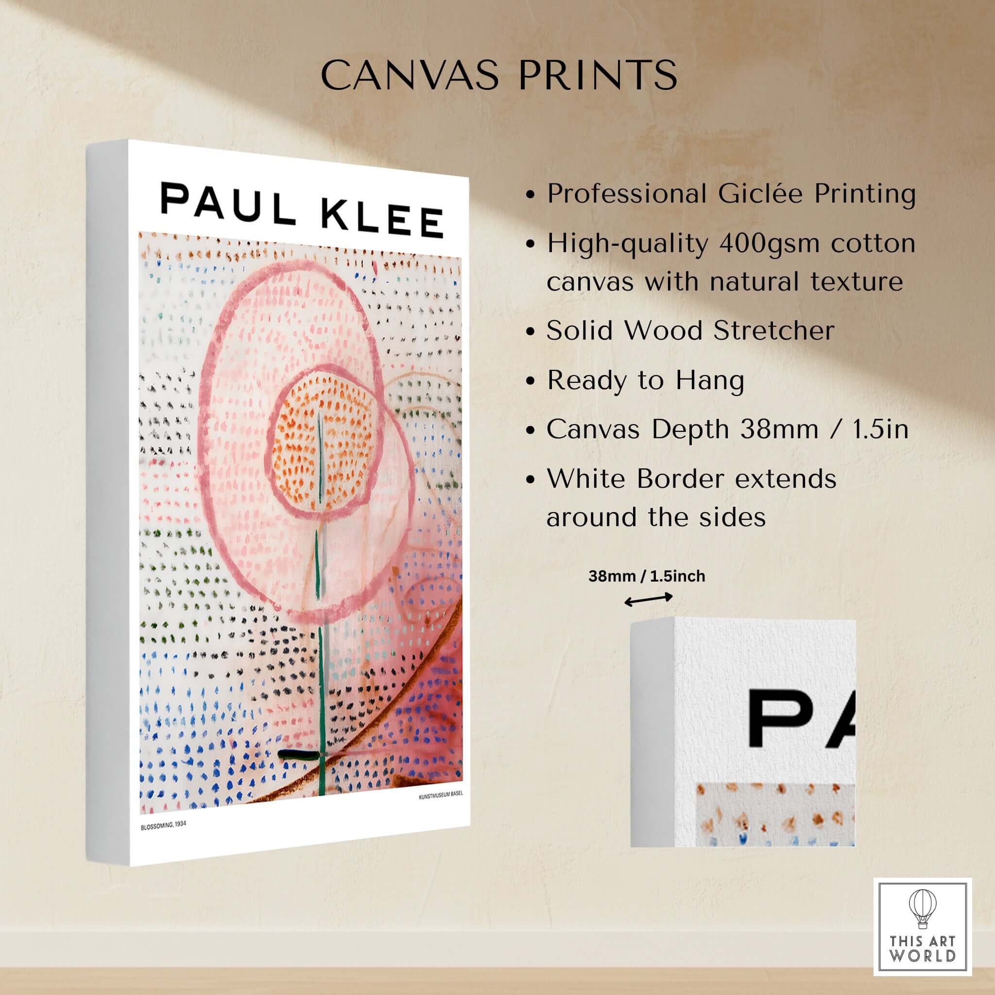 Paul Klee Blossoming Abstract Floral Modern Poster Art Print Decor displayed on a canvas with detailed product specifications.