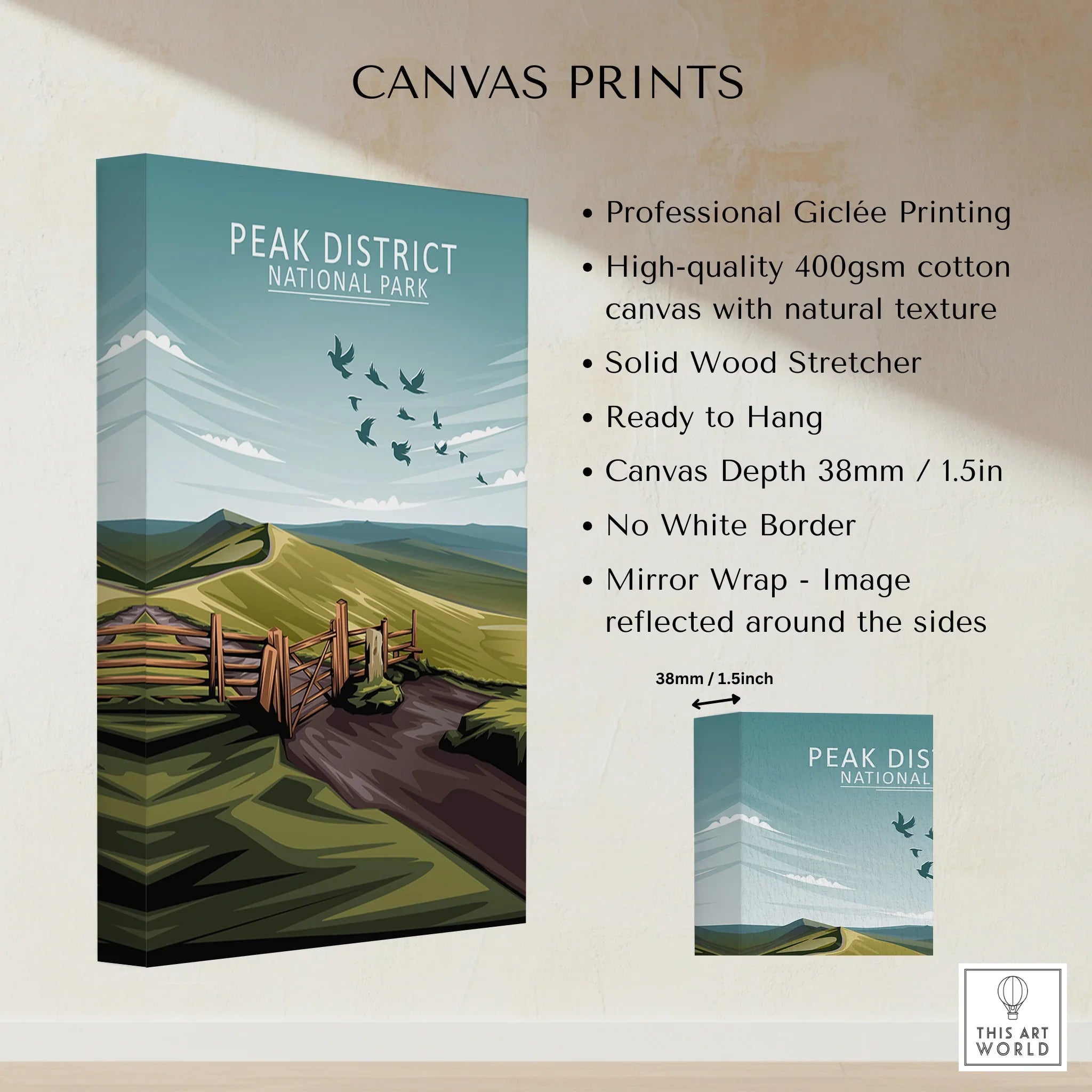 Peak District National Park canvas wall art, scenic landscape with rolling hills and gate
