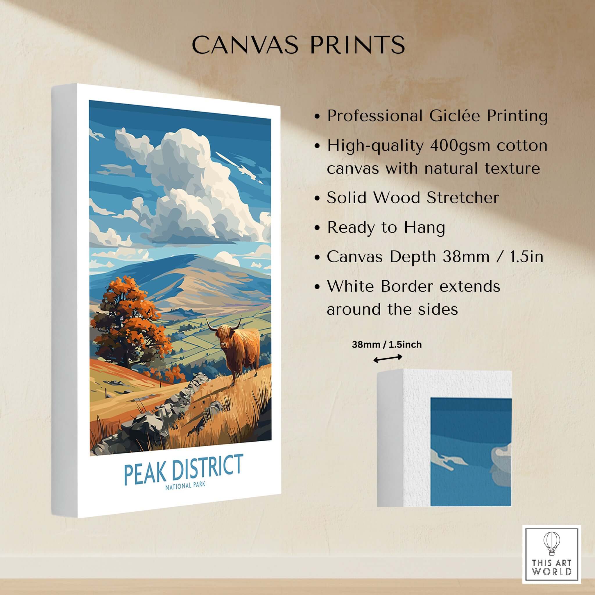 Peak District National Park Highland Cow Art Print | Derbyshire Landscape Poster on canvas with natural texture.
