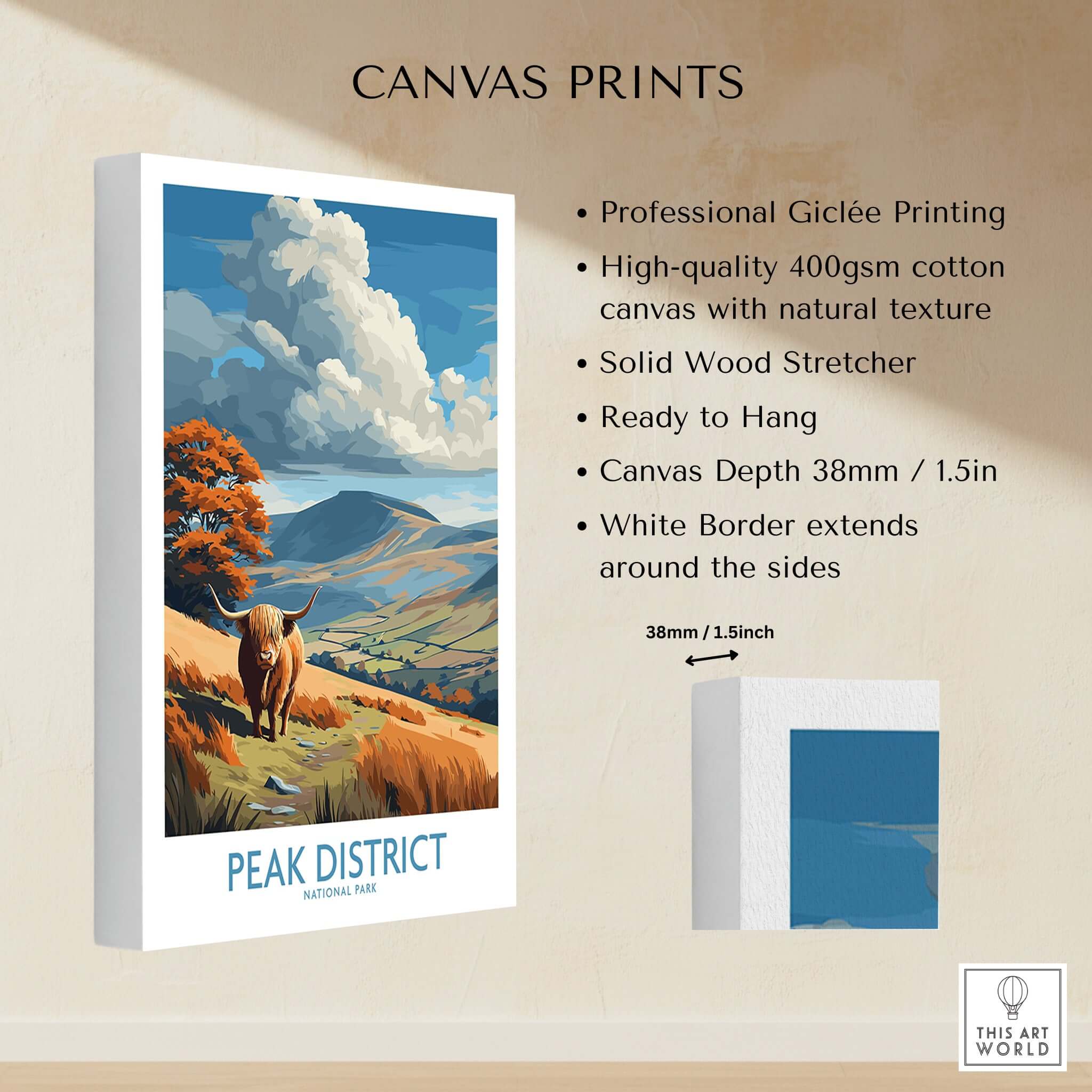 Peak District National Park Highland Cattle Art Print | Rolling Hills Poster on canvas with natural texture.