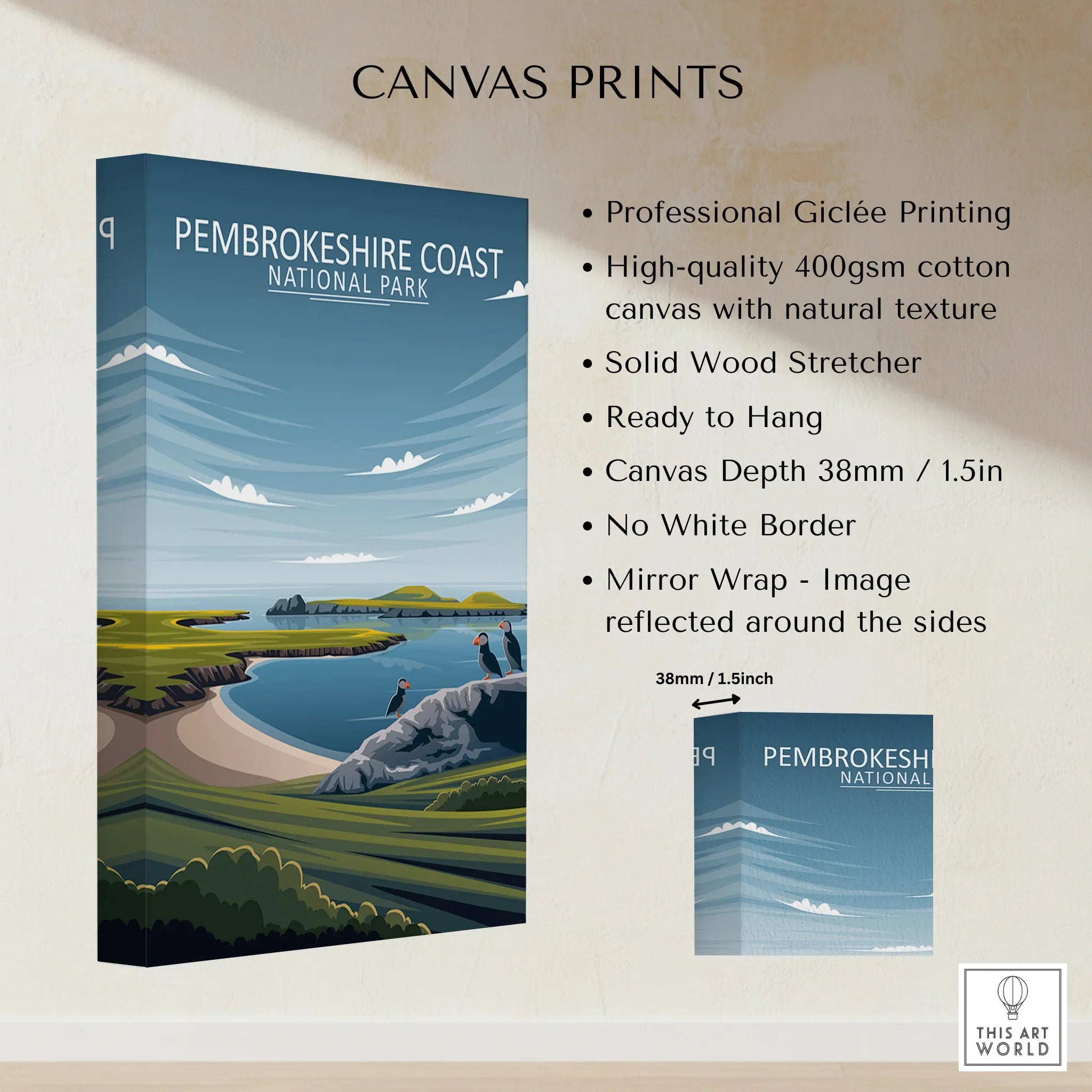Pembrokeshire Coast National Park canvas print with coastal landscape and puffins, stretched on wood frame