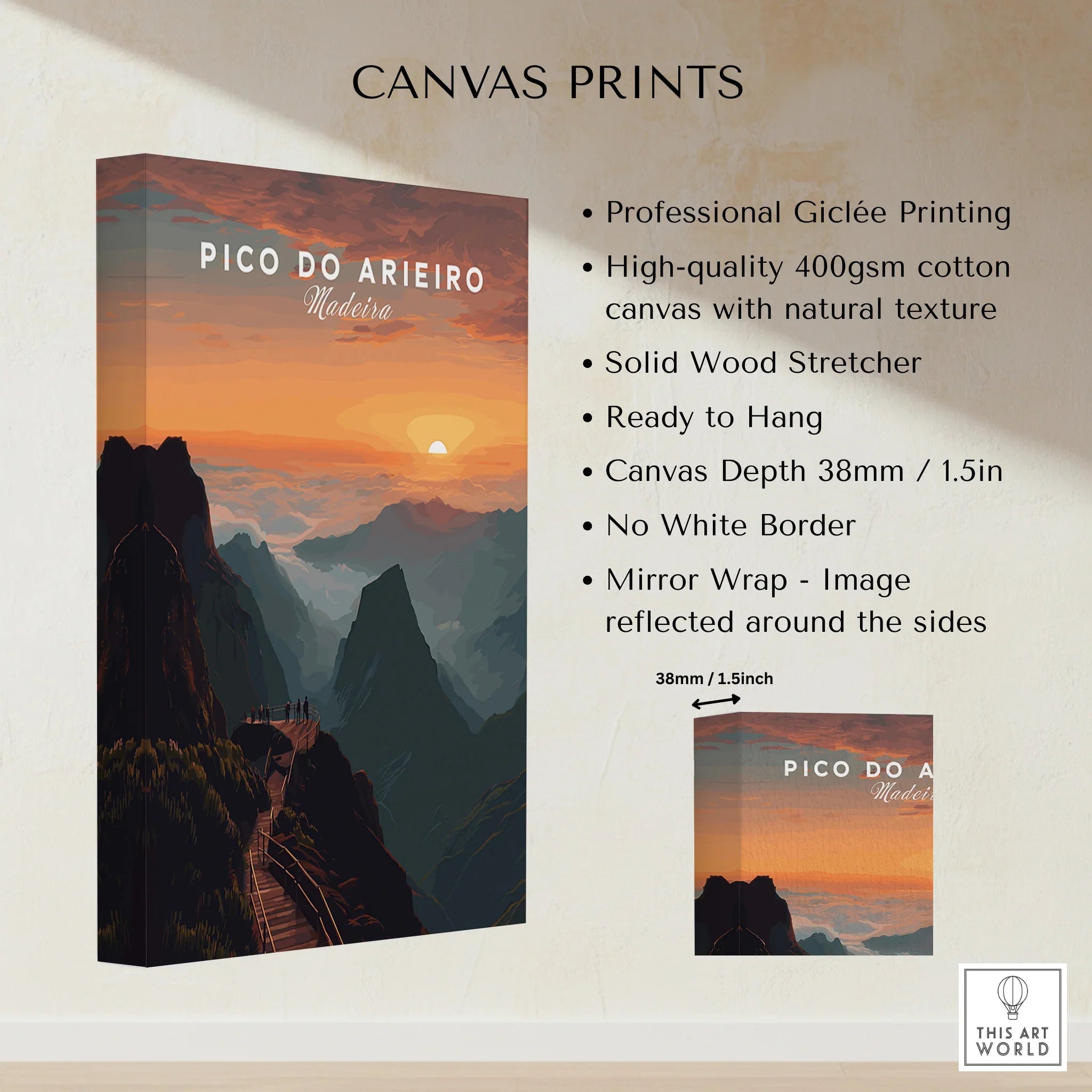 Pico do Arieiro Madeira sunset canvas print with mountains, clouds, and walkway details