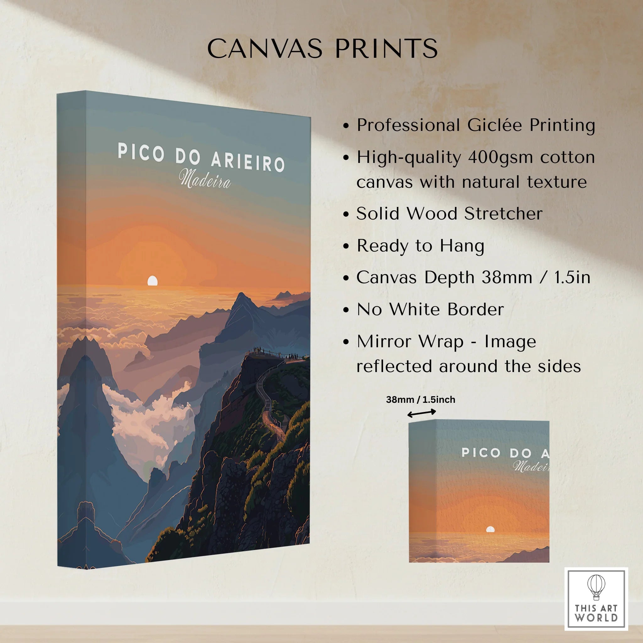 Pico do Arieiro Madeira wall art canvas print, sunset mountain landscape, travel poster