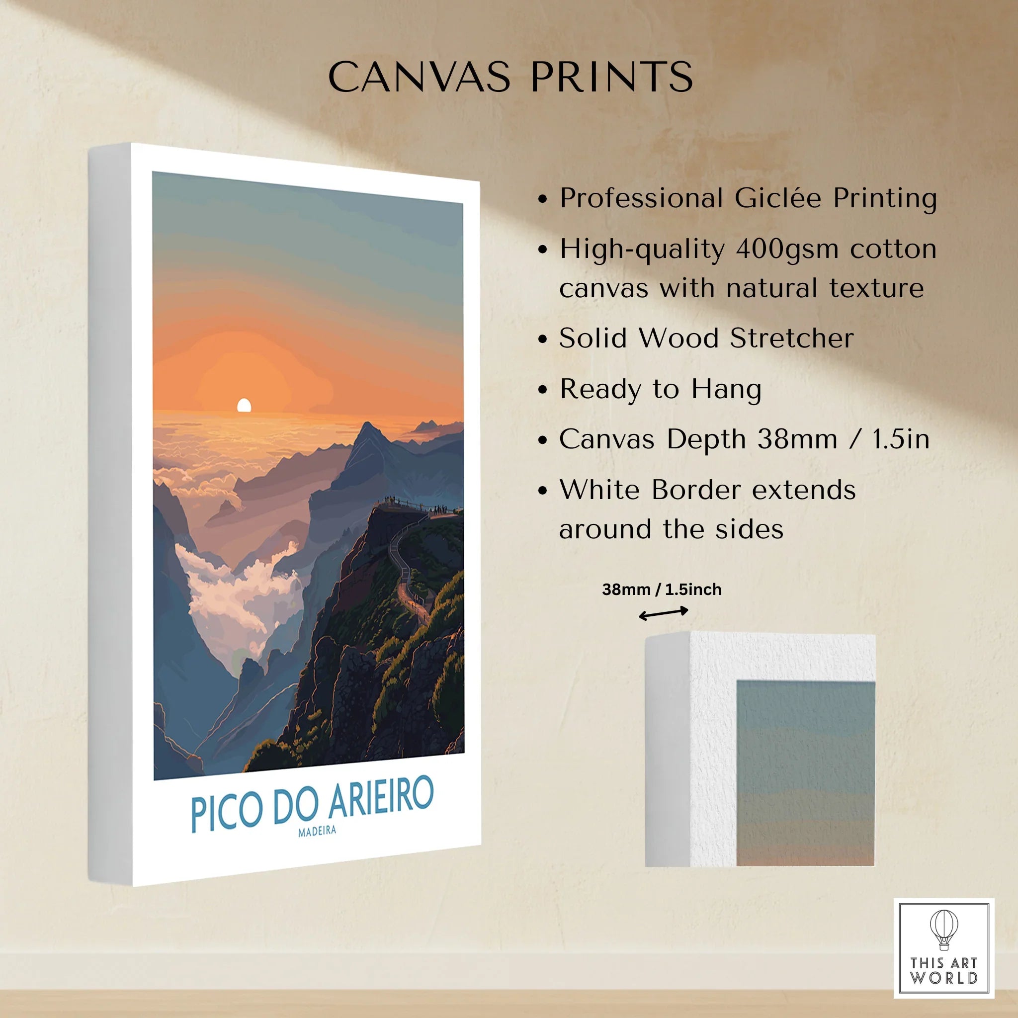 Pico do Arieiro Madeira mountain landscape canvas print with sunrise, white border, wall decor features
