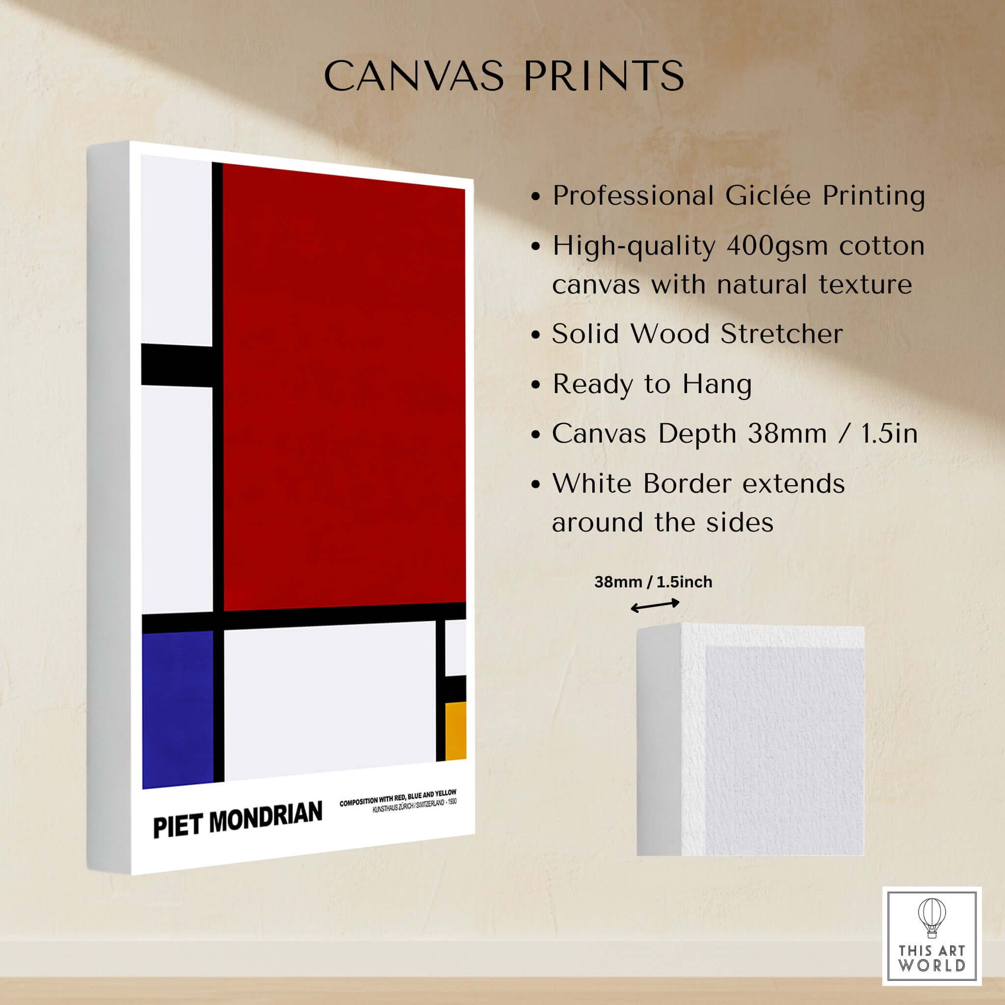 Piet Mondrian Composition Red Blue Yellow 1930 Abstract Art Print Poster Geometric on canvas with white border.
