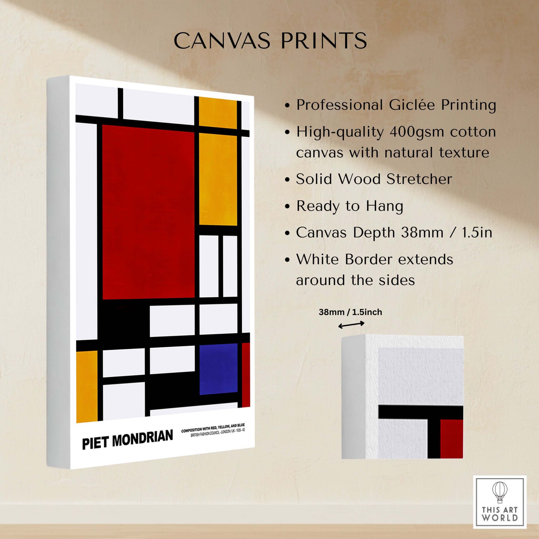 Piet Mondrian Composition Red Yellow Blue 1939 De Stijl Poster Geometric Abstract Print showcasing canvas print details.