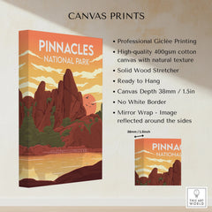 Pinnacles National Park canvas print with sunset, rocky landscape, and quality specs.
