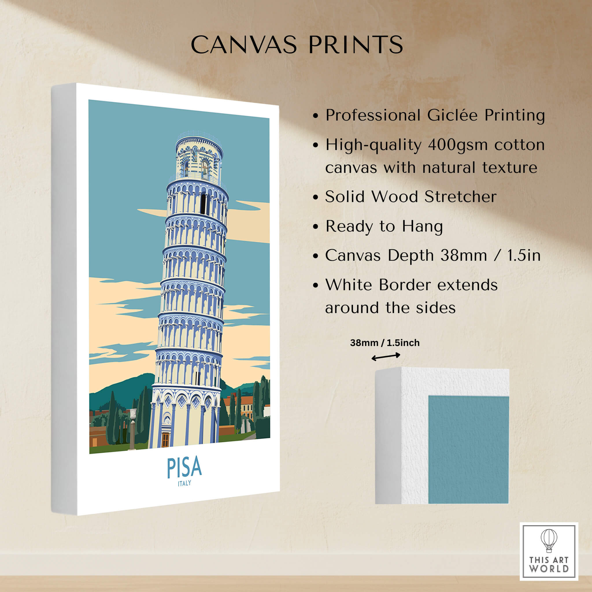 Pisa Wall Art Print | Italy Travel Poster showcasing the leaning tower of Pisa in a stylish canvas print format.
