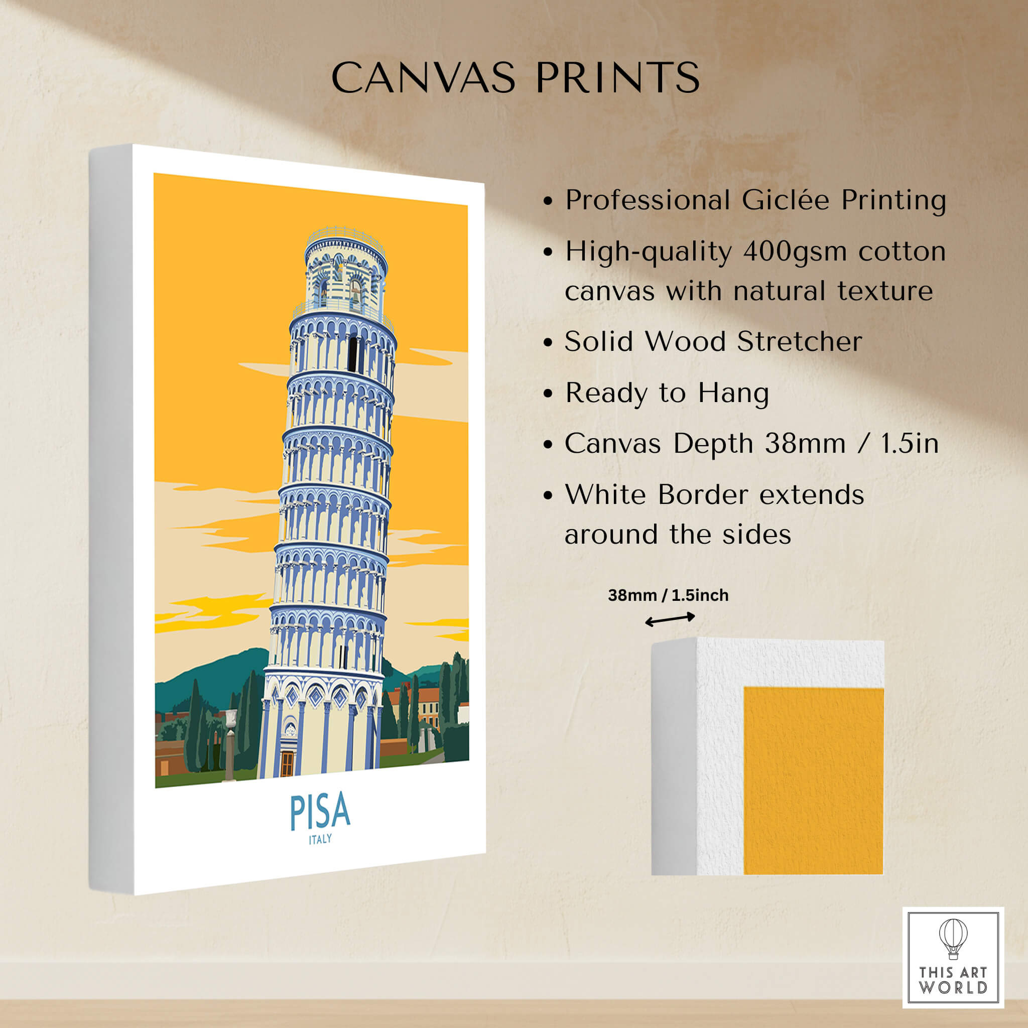 Pisa Tower Italy Print showcasing professional Giclée printing on canvas with natural texture.