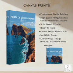 Ponta de São Lourenço Madeira canvas print with coastal cliffs, blue ocean, and product details.