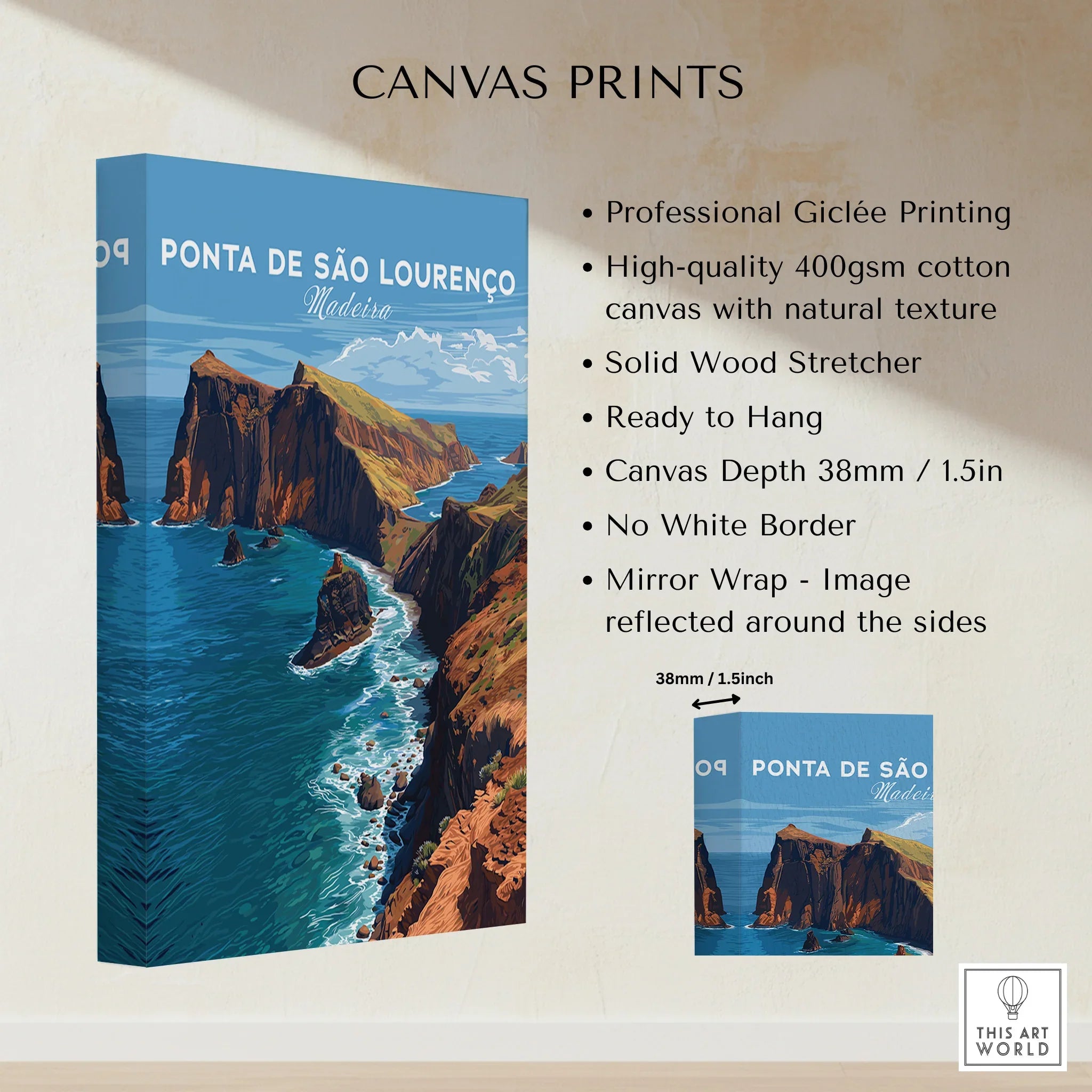 Ponta de São Lourenço Madeira canvas print with coastal cliffs, blue ocean, and product details.