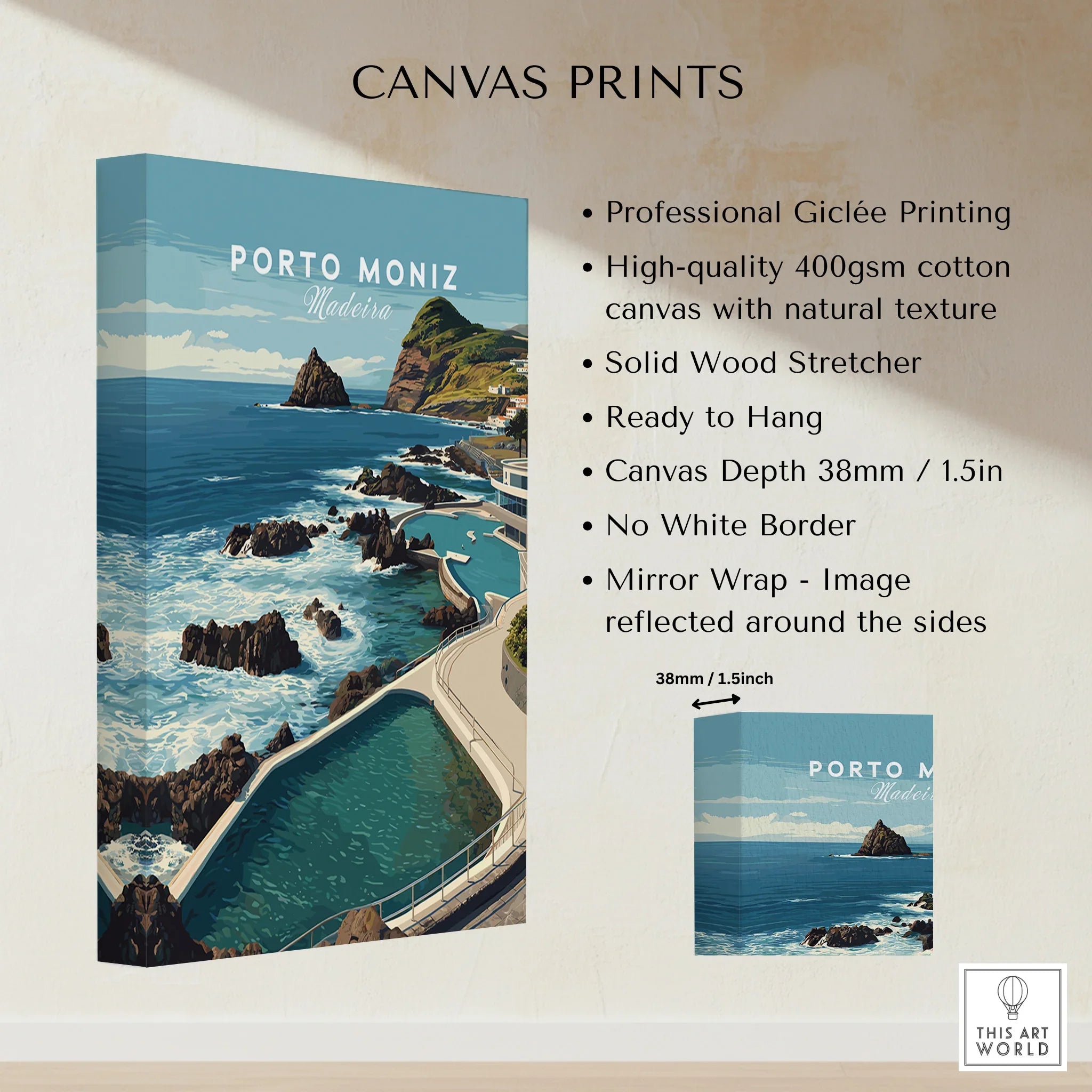 Porto Moniz Madeira travel poster canvas print with ocean view and rocky coastline