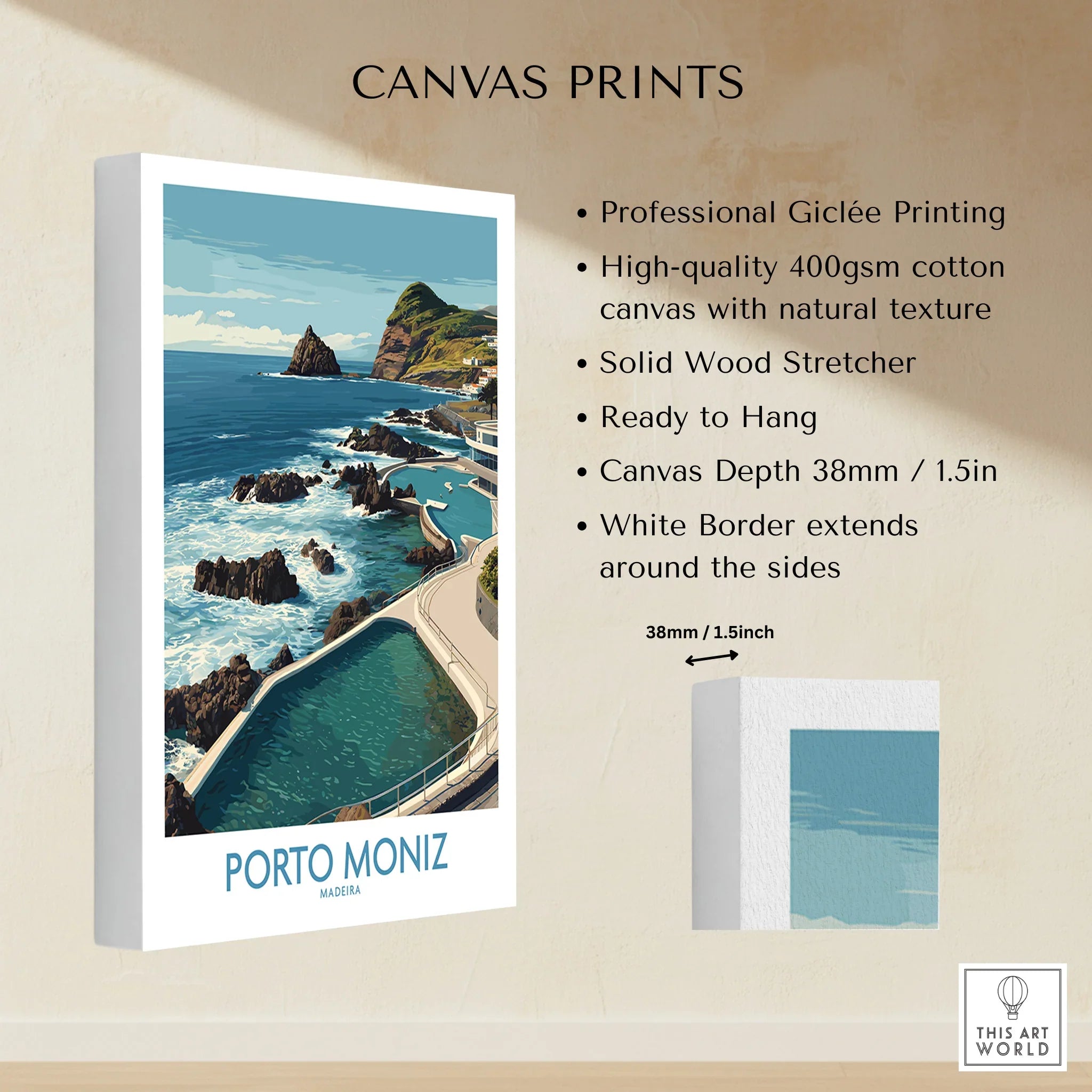 Porto Moniz Madeira canvas print featuring ocean, rocky coast, and natural pool wall art.