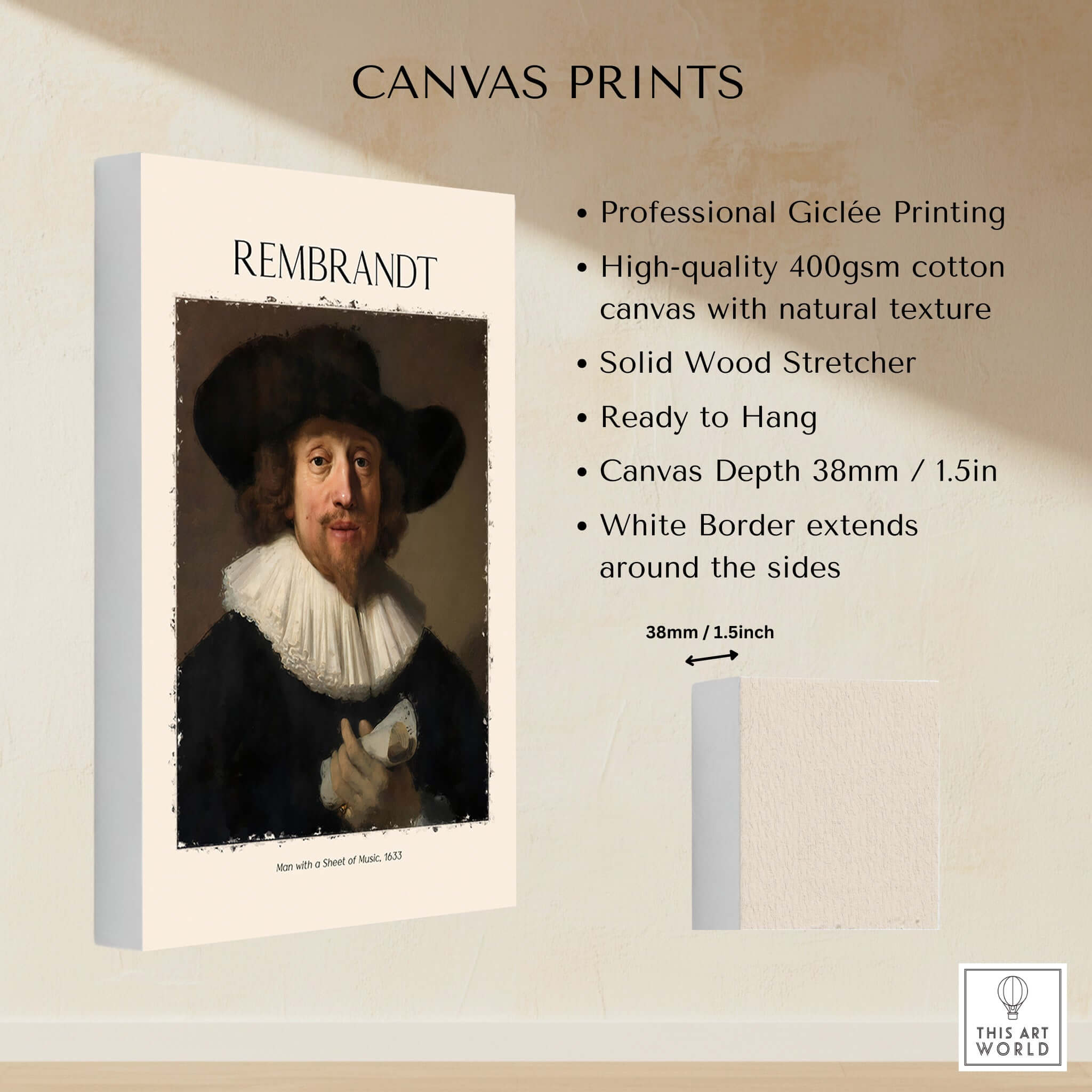 Rembrandt Man with Sheet Music 1633 Portrait Art Print Dutch Master Poster on canvas with natural texture