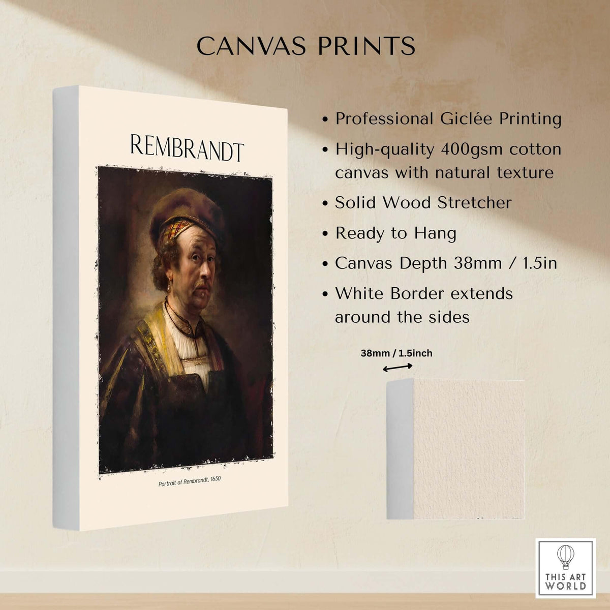 Rembrandt Self Portrait 1650 Dutch Master Painter Art Print Poster Wall Decor on high-quality canvas.