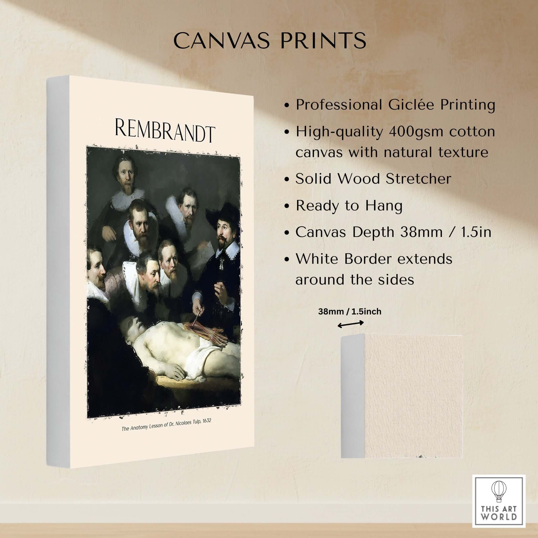 Rembrandt Anatomy Lesson Dr Tulp 1632 Group Portrait Art Print Dutch Master Poster on canvas showcasing professional quality.