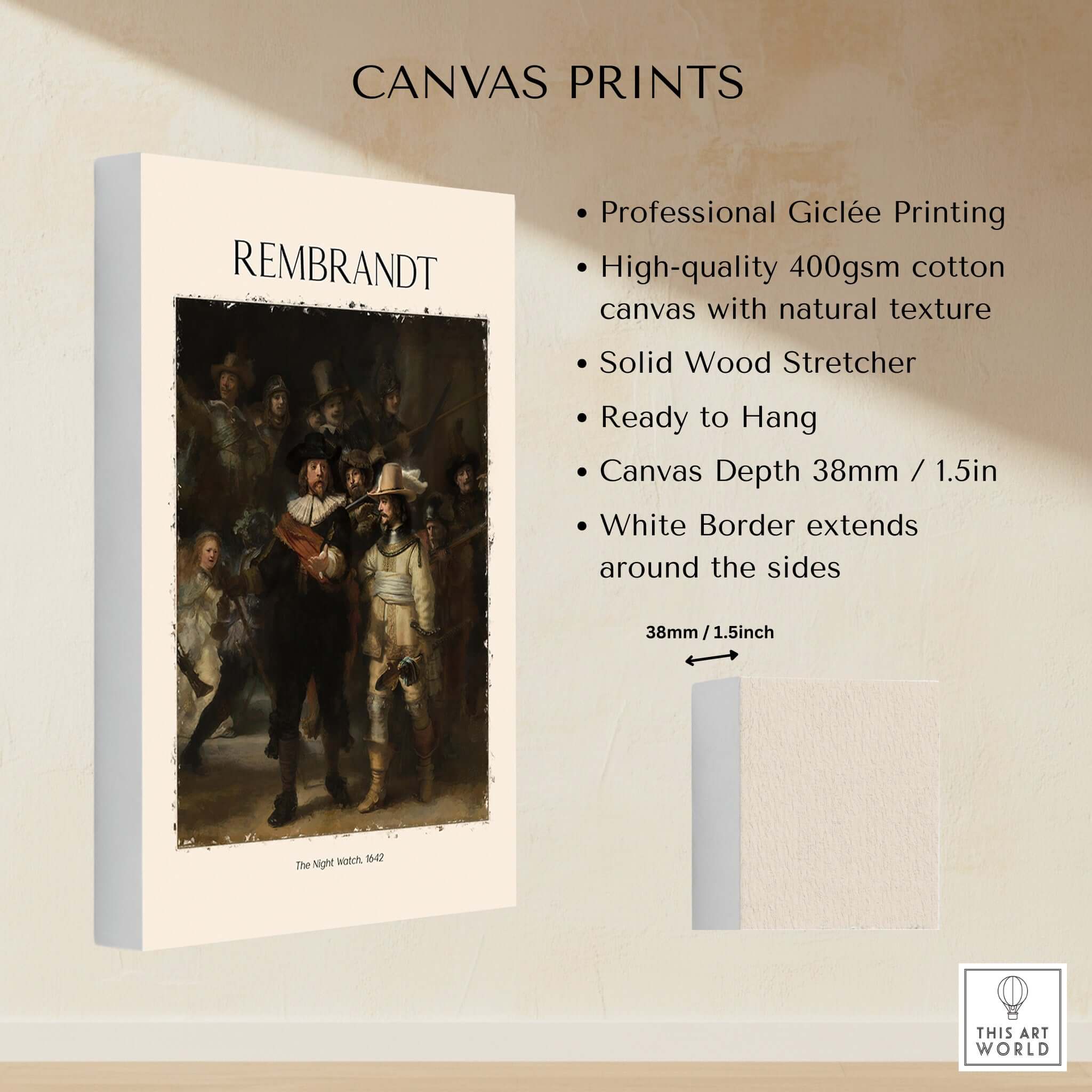 Rembrandt The Night Watch 1642 Famous Dutch Master Painting Art Print Poster shown on high-quality canvas print.