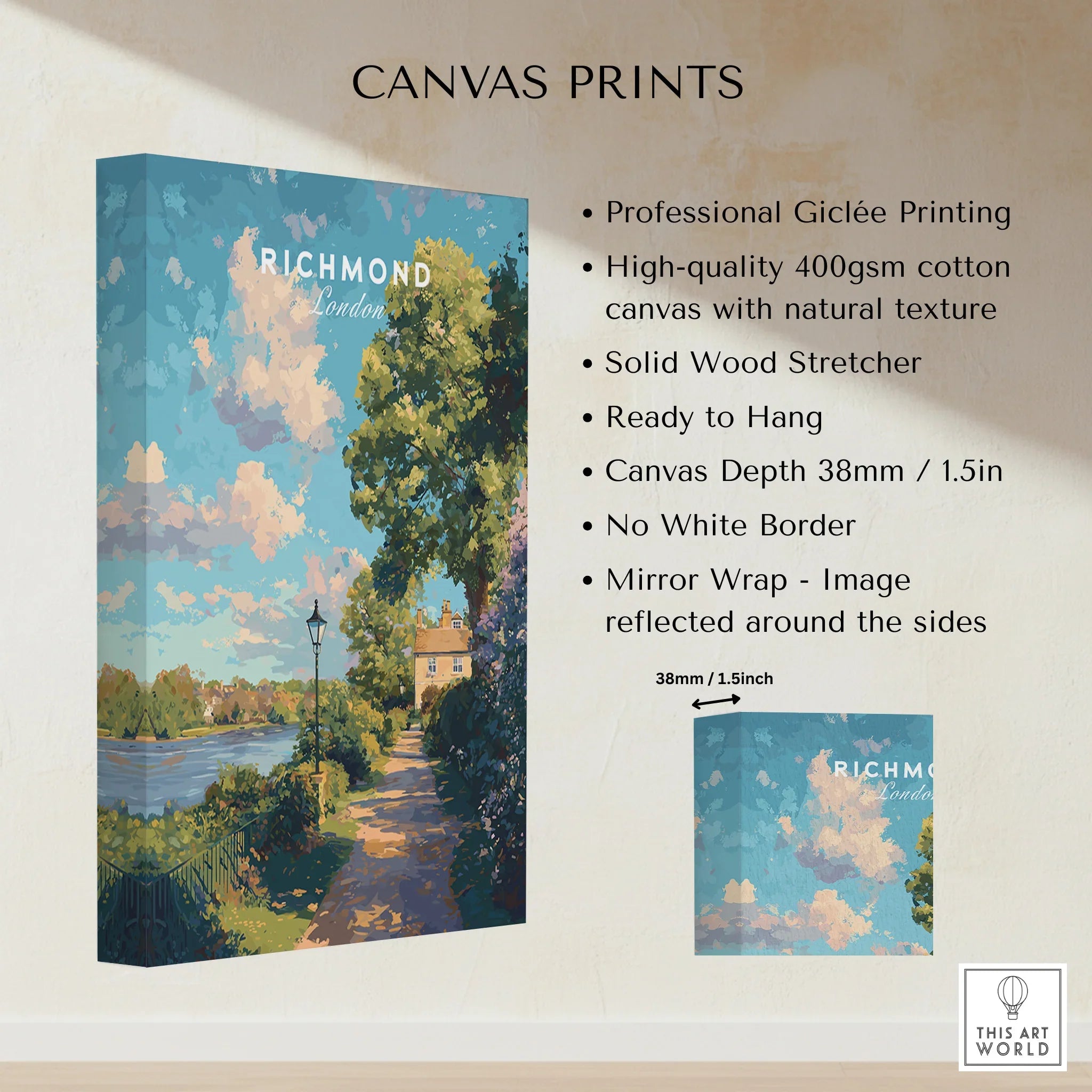 Richmond London canvas print with riverside path, trees, and blue sky, stretched on wood frame