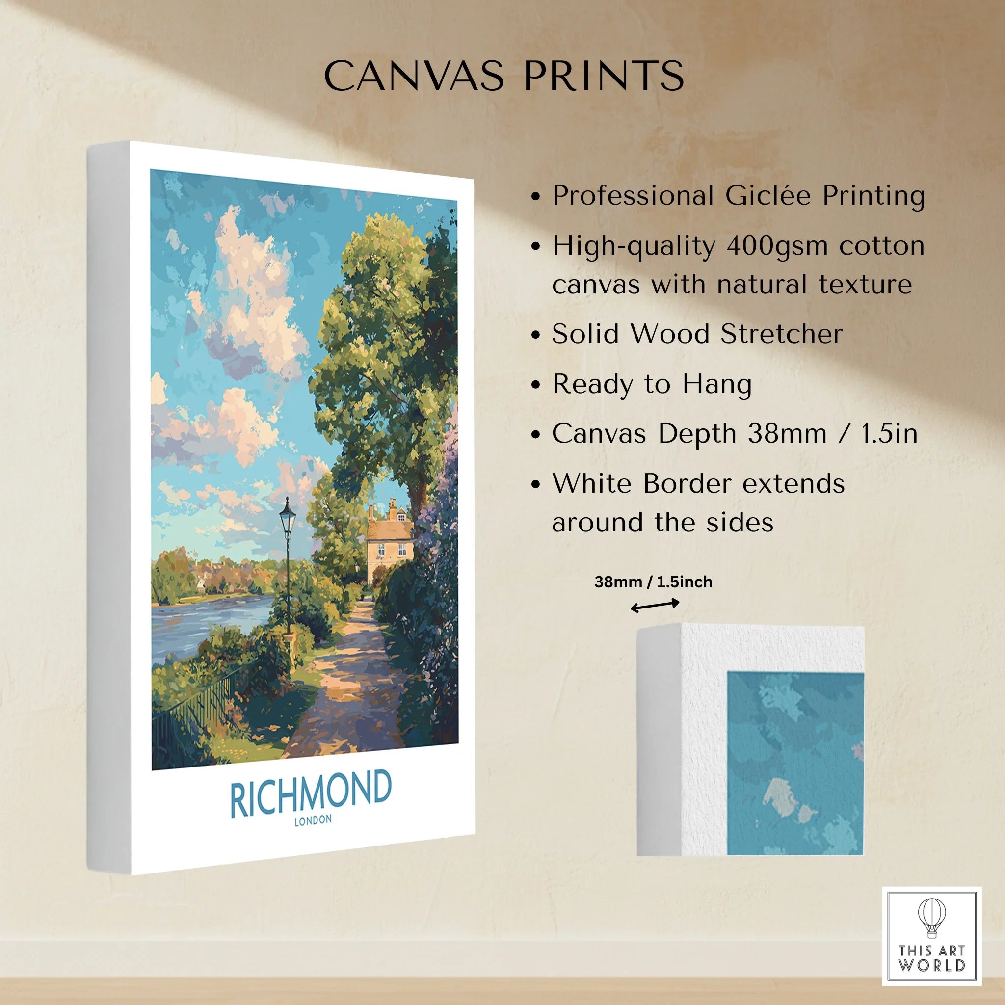 Richmond London giclée canvas wall art print with white border and scenic riverside path