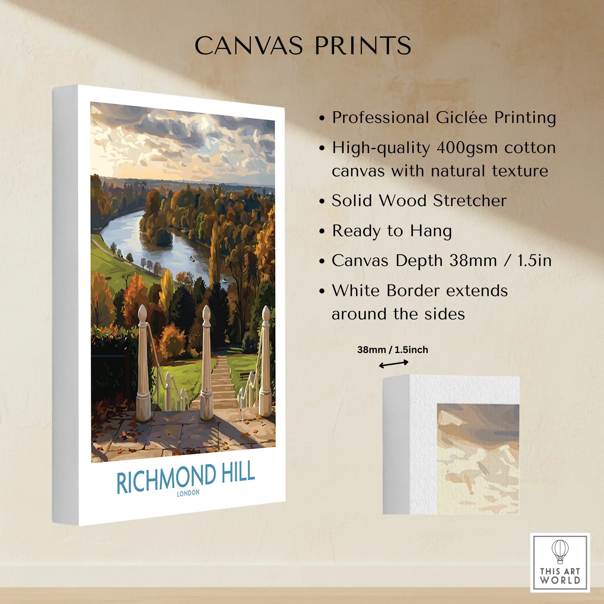 Richmond Hill London landscape canvas wall art with river view, white border, cotton texture