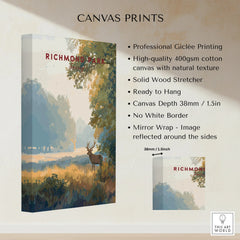Richmond Park canvas print featuring a deer in a scenic landscape, stretched on cotton canvas.