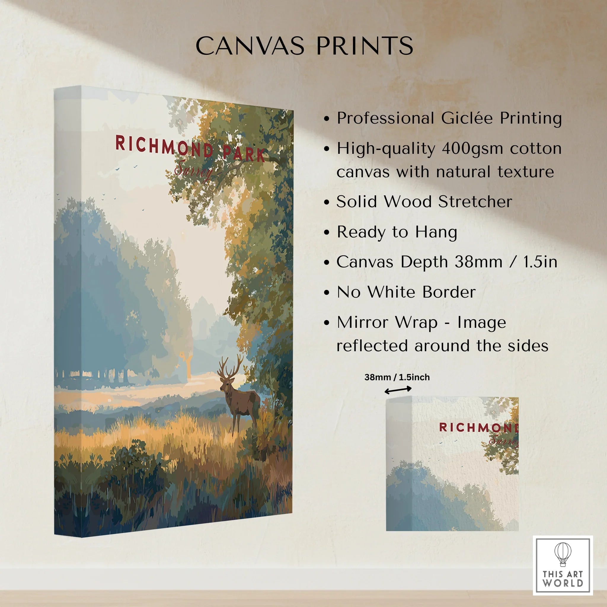 Richmond Park canvas print featuring a deer in a scenic landscape, stretched on cotton canvas.