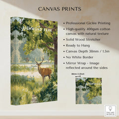 Richmond Park canvas print with deer in green landscape, cotton canvas wall art details
