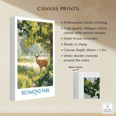 Richmond Park canvas print featuring a deer in a sunlit landscape, ready to hang wall art.
