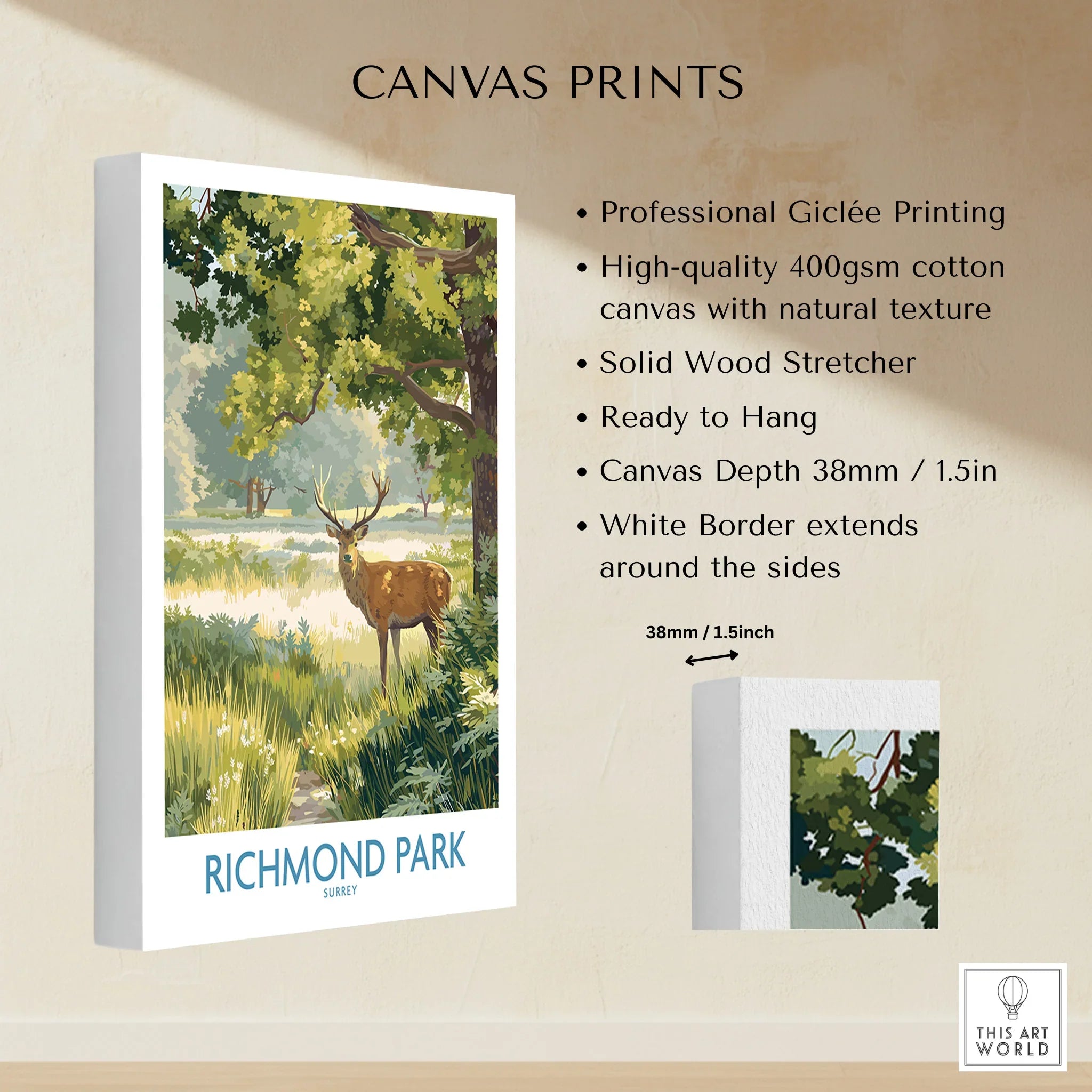 Richmond Park canvas print featuring a deer in a sunlit landscape, ready to hang wall art.