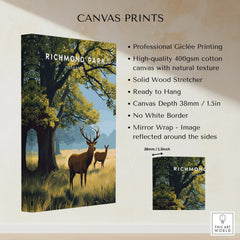 Richmond Park canvas wall art print with deer in a grassy landscape, cotton canvas details.