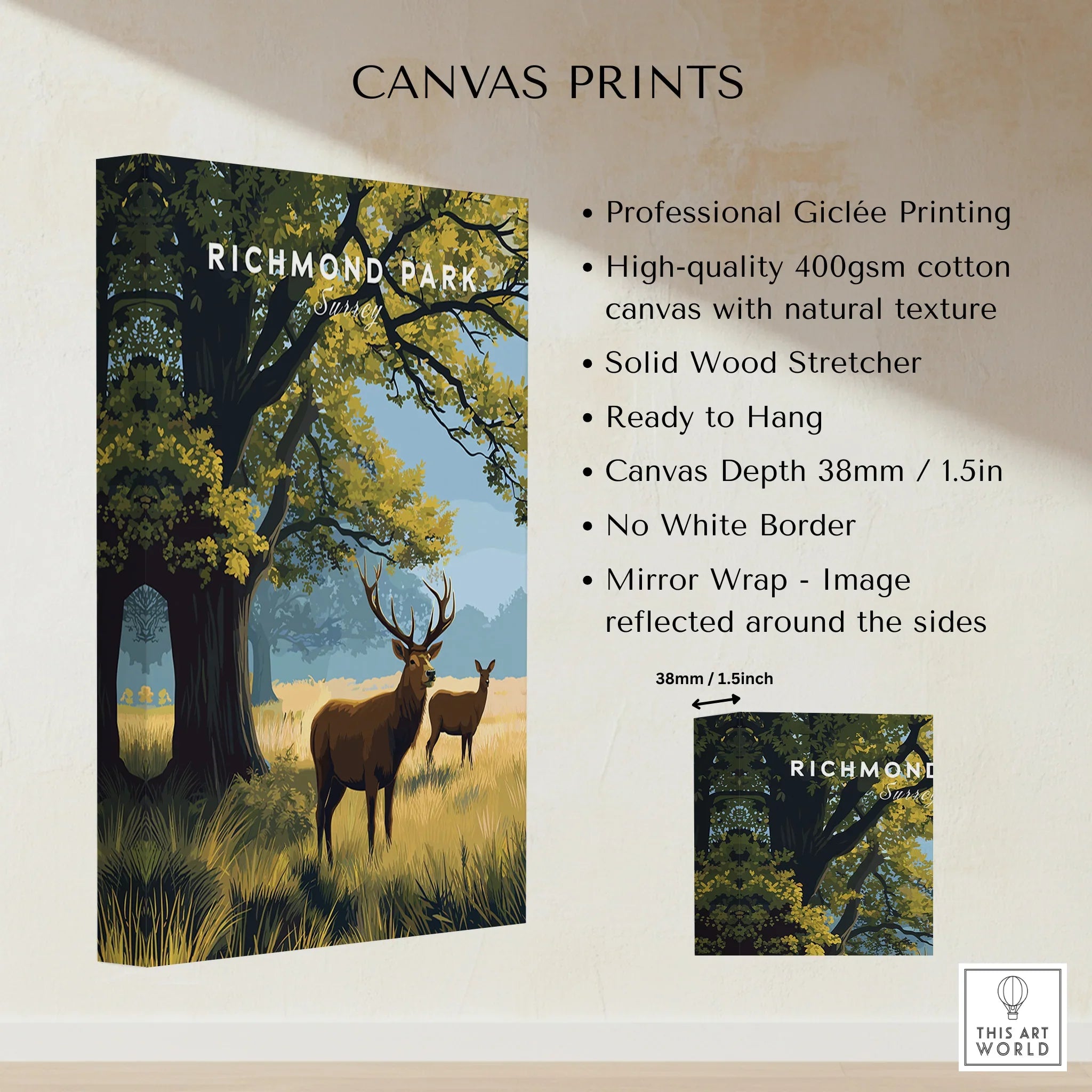 Richmond Park canvas wall art print with deer in a grassy landscape, cotton canvas details.