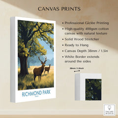 Richmond Park art print on stretched cotton canvas showing deer under a tree, canvas details text on side.