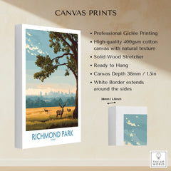 Richmond Park canvas print featuring deer in a scenic landscape with city skyline and tree.