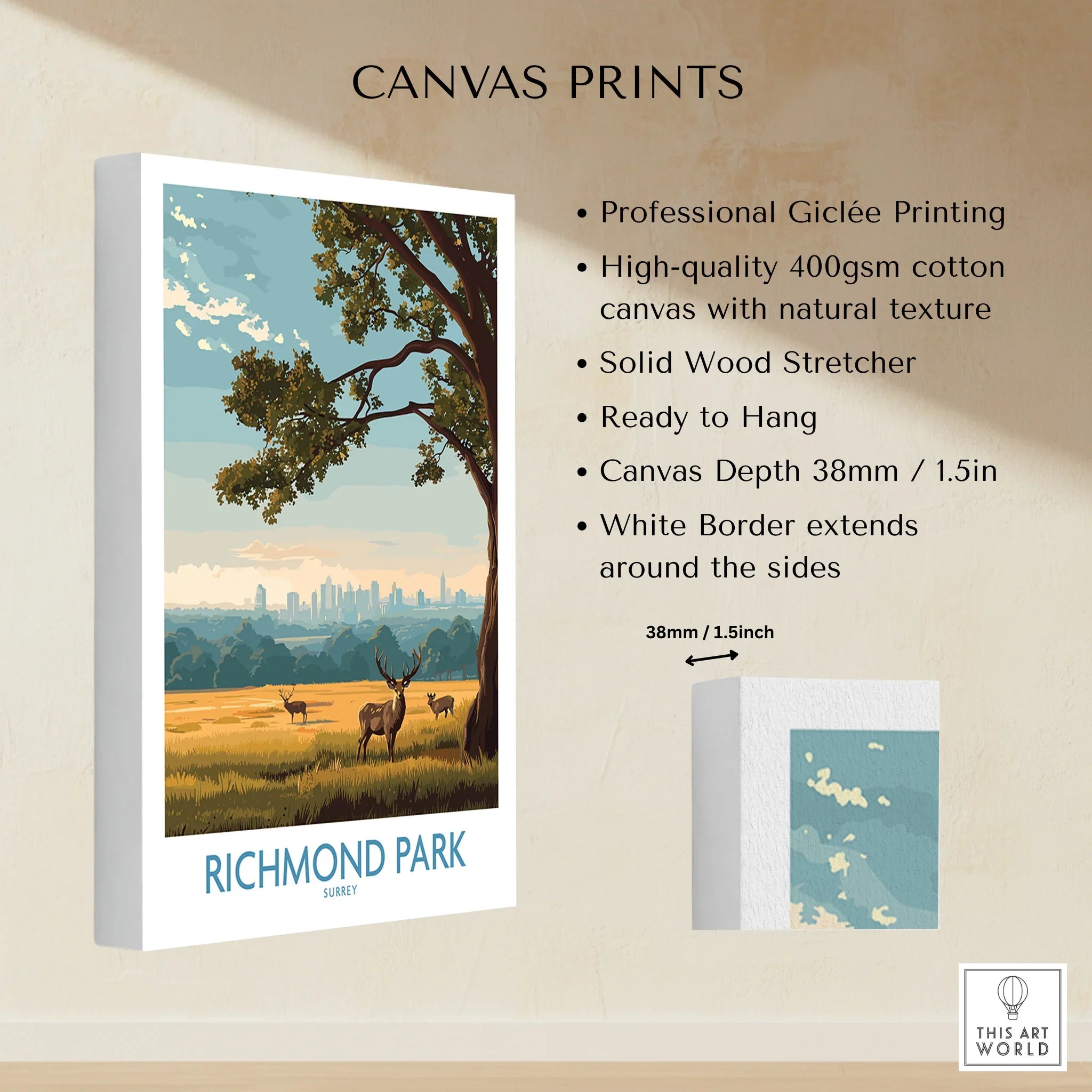 Richmond Park canvas print featuring deer in a scenic landscape with city skyline and tree.