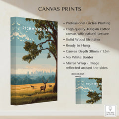 Richmond Park canvas print with deer, city skyline, and tree, shown on textured cotton canvas.
