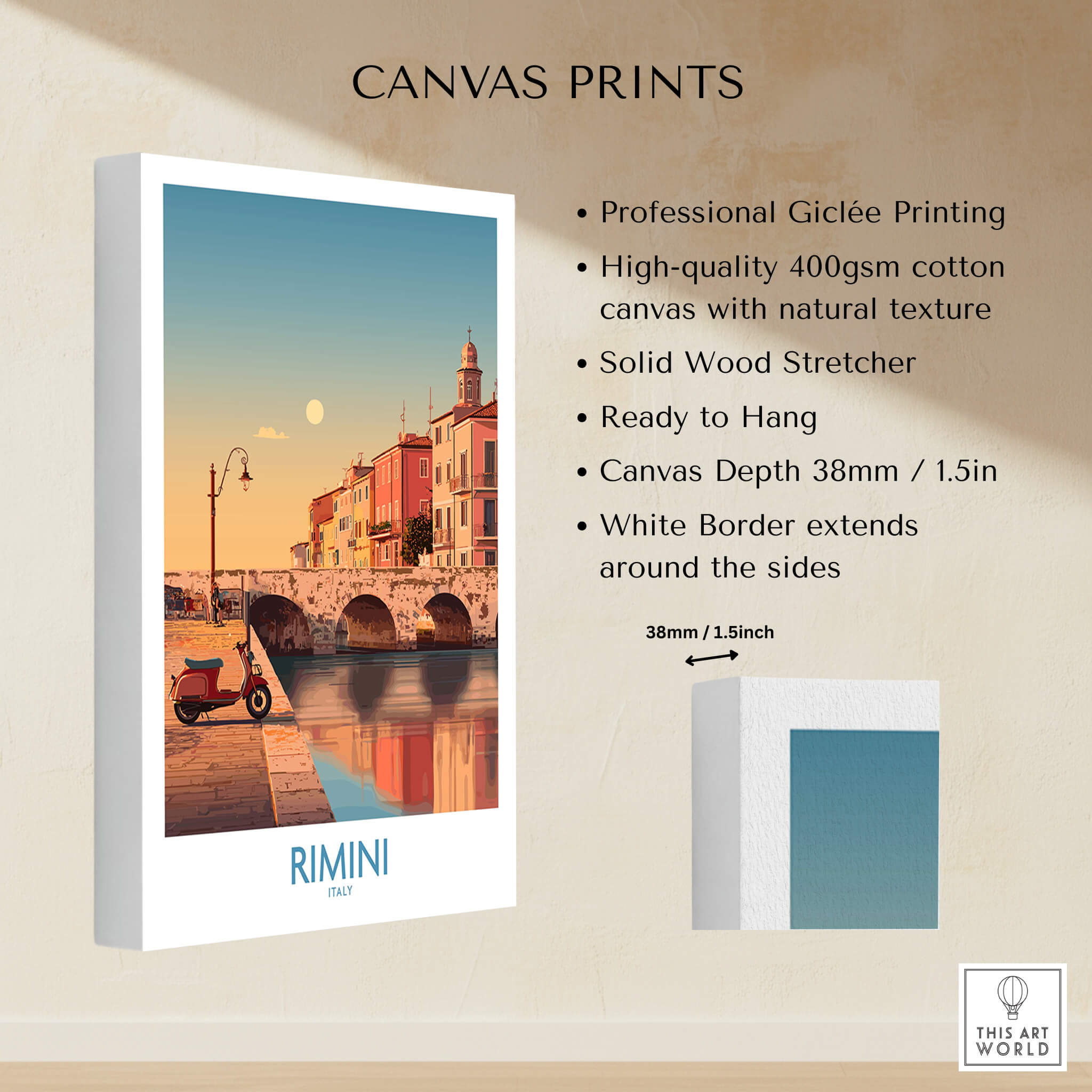 Rimini Italy Poster | Vintage Vespa & Historic Bridge Canvas Print showcasing professional Giclée printing and design details.