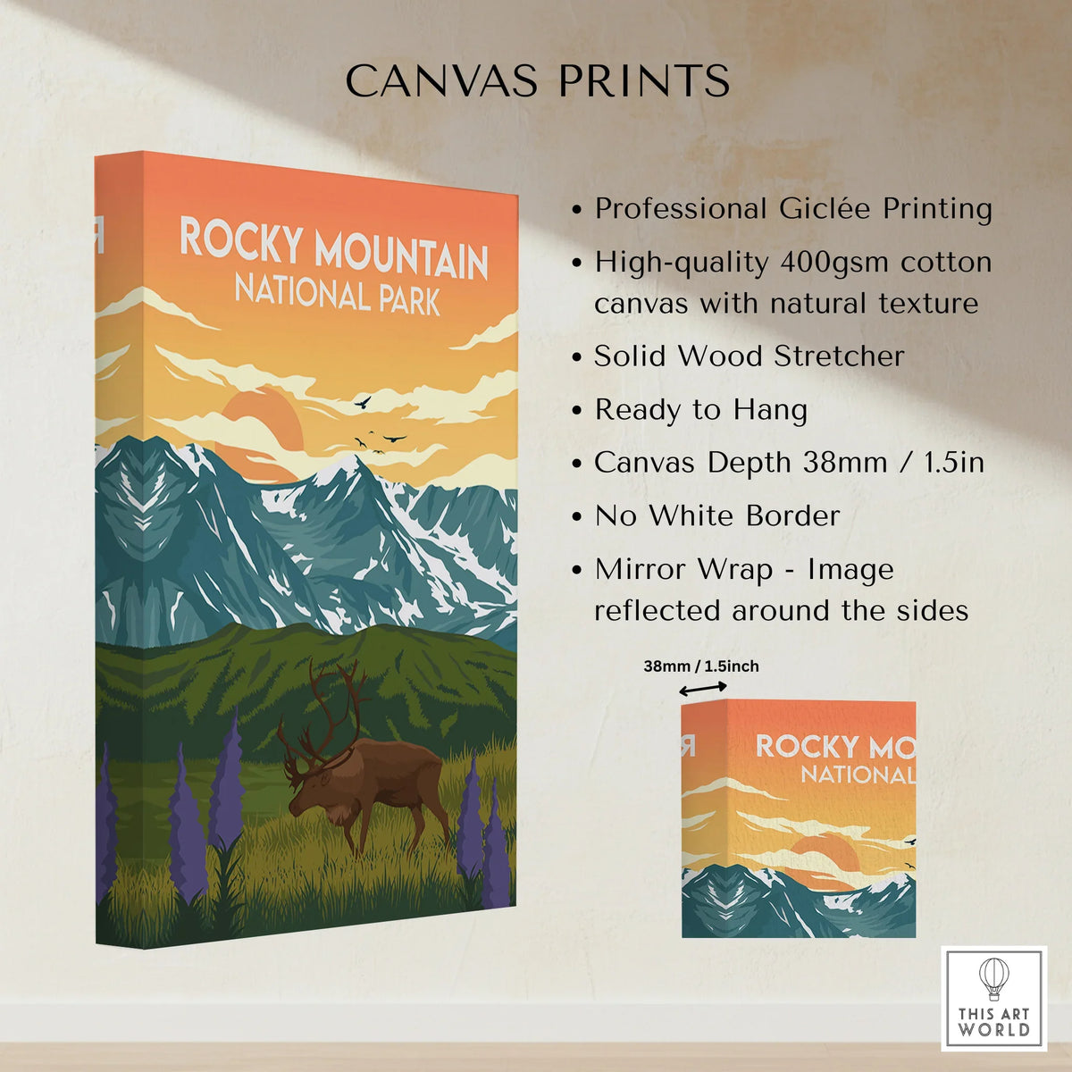 Rocky Mountain National Park canvas print with deer, mountains, and sunset, wall art decor