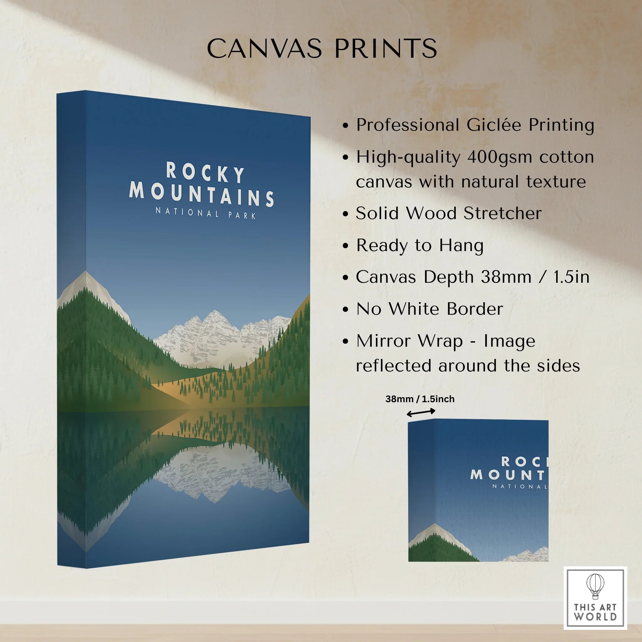 Rocky Mountains National Park canvas print with lake reflection and forest, art wall decor