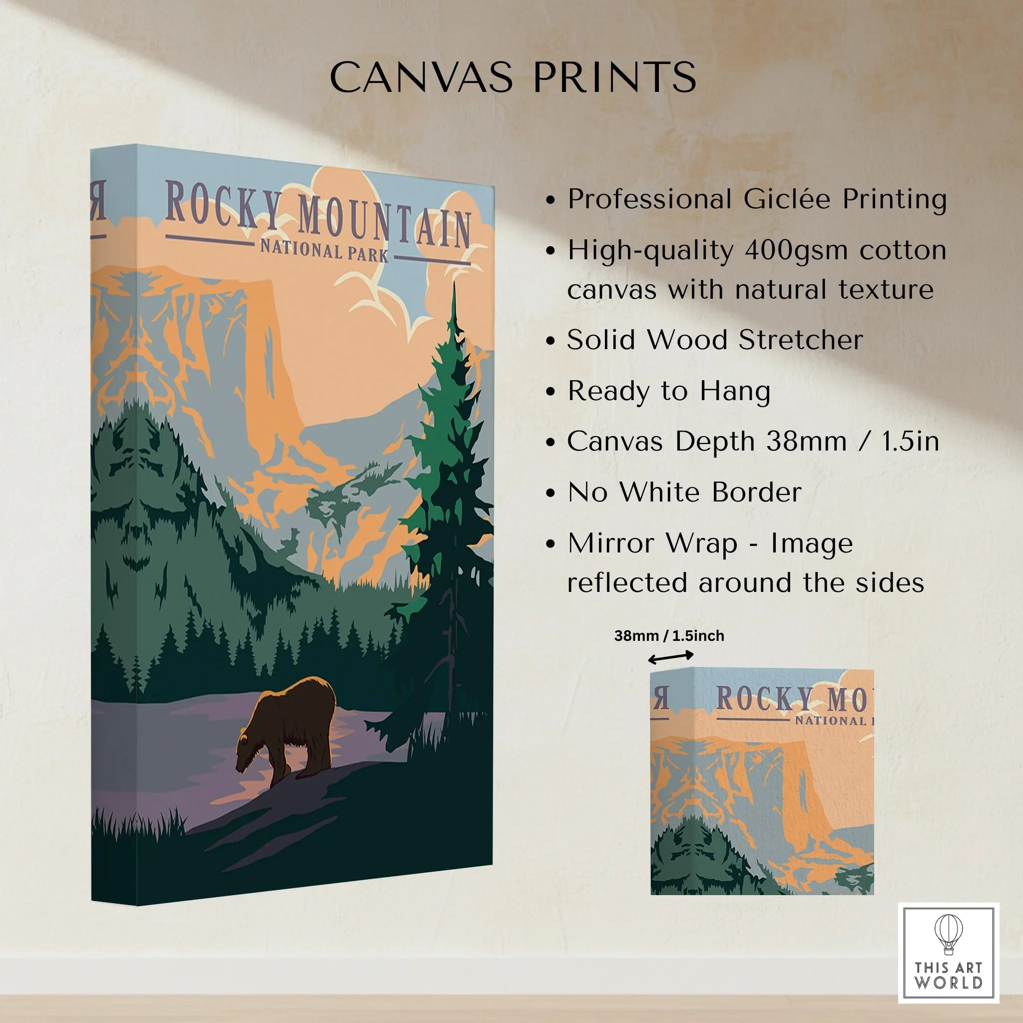 Rocky Mountain National Park canvas print with bear, pine trees, and mountain landscape