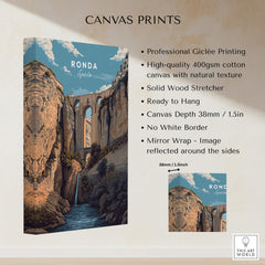 Ronda Spain Wall Art Print | Puente Nuevo Gorge Waterfall Travel Poster displayed on a canvas print.