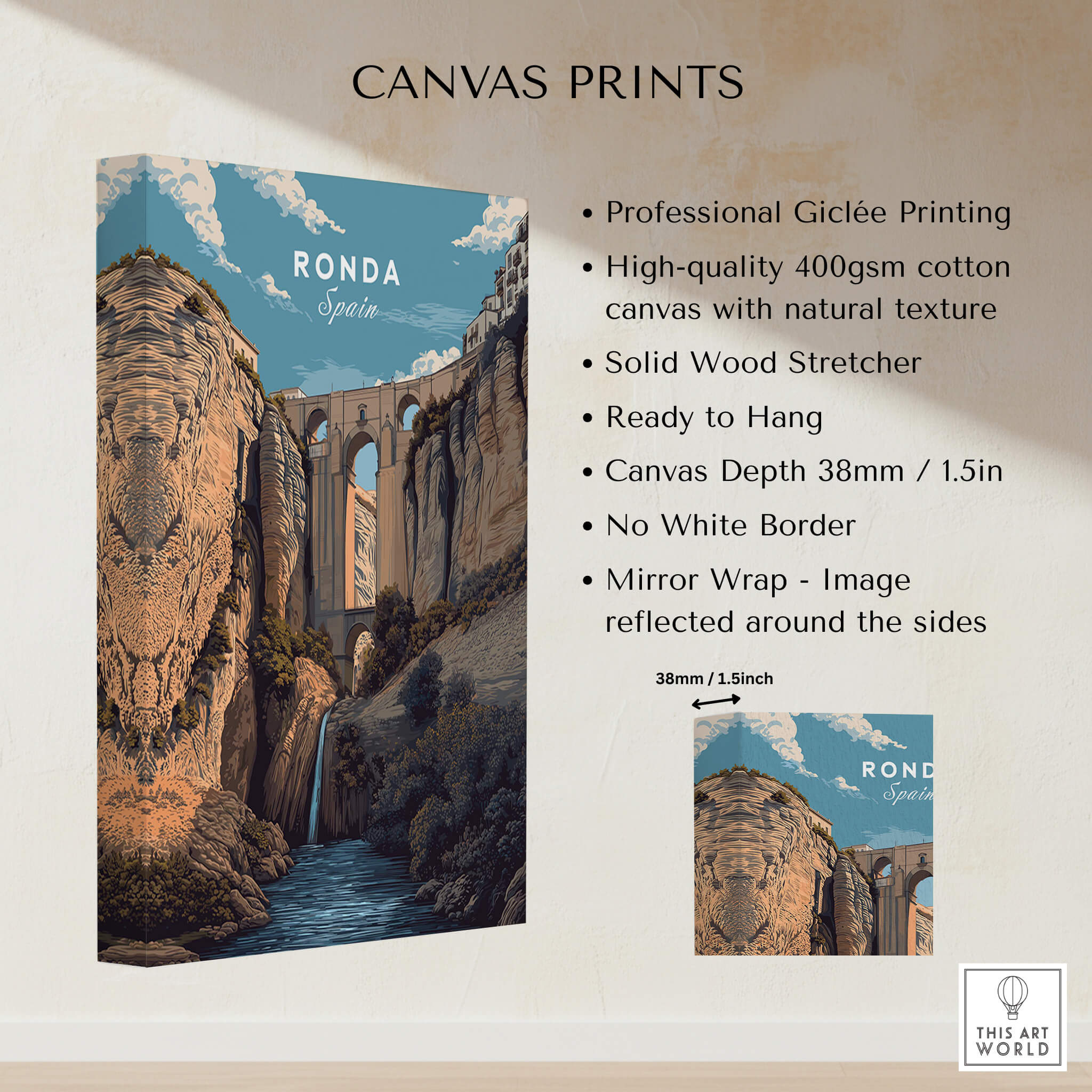 Ronda Spain Wall Art Print | Puente Nuevo Gorge Waterfall Travel Poster displayed on a canvas print.