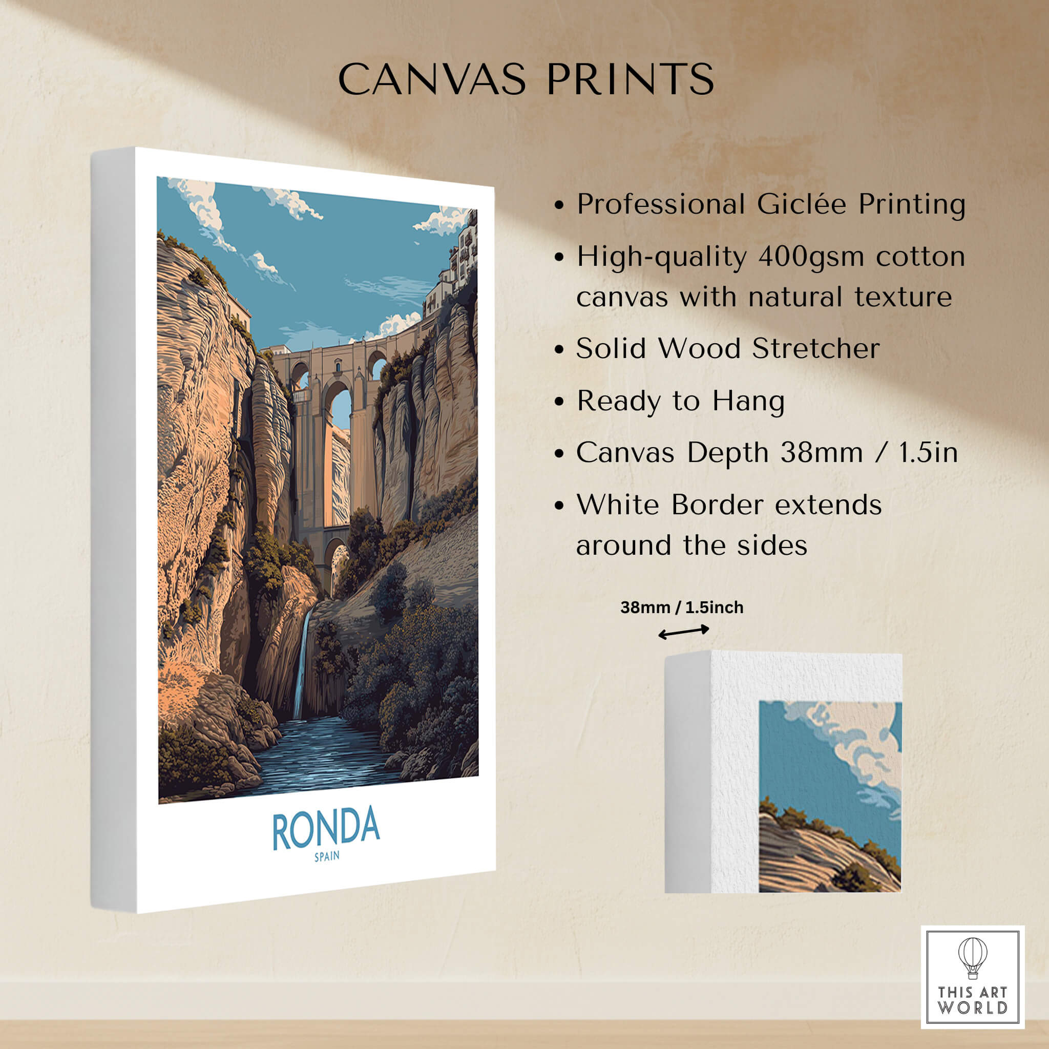 Ronda Spain Poster | Dramatic Andalusian Mountain Bridge Canvas Print displayed in a modern setting.