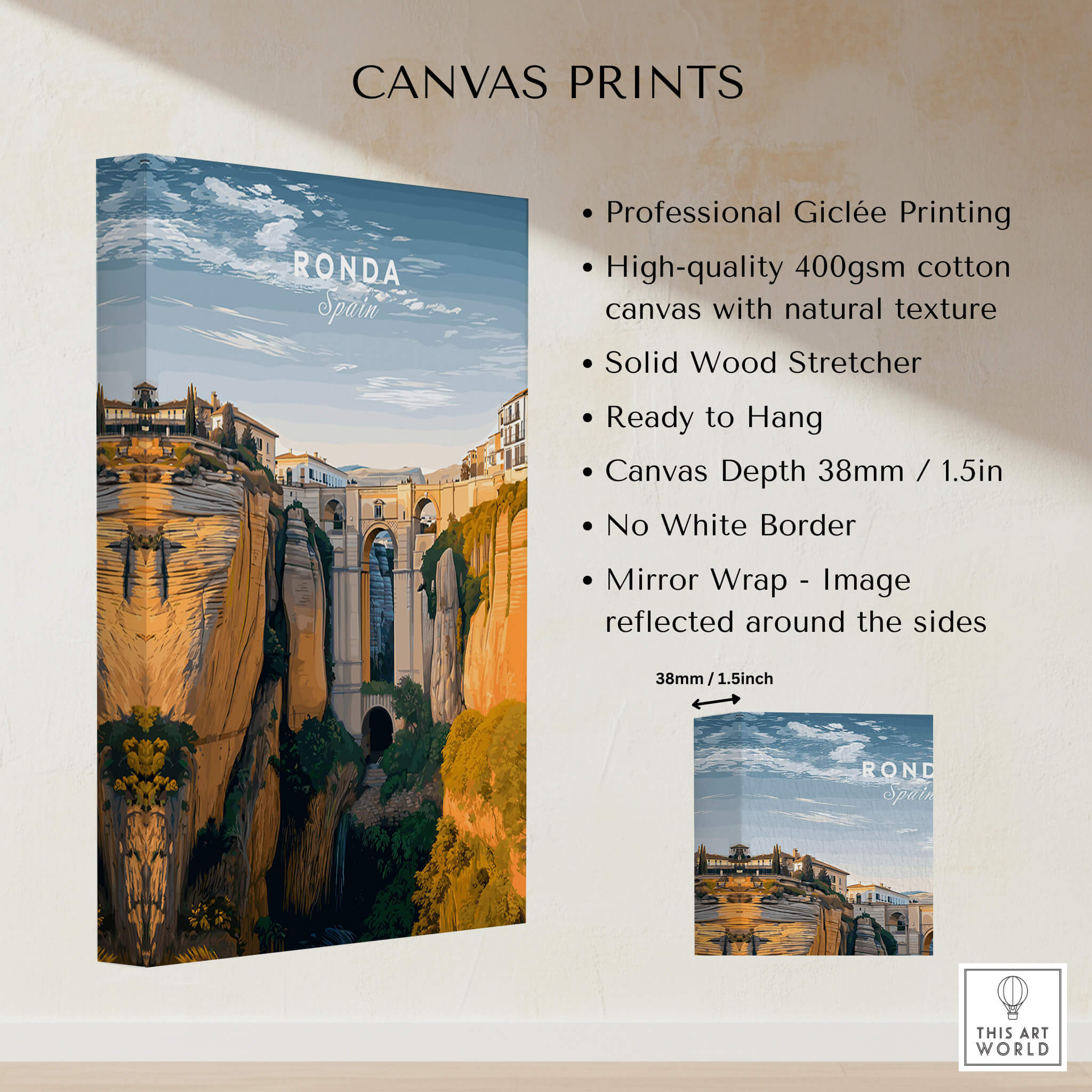 Ronda Spain Wall Art Print | Historic White Village Cliffside Travel Poster with professional giclée printing and wooden stretcher.
