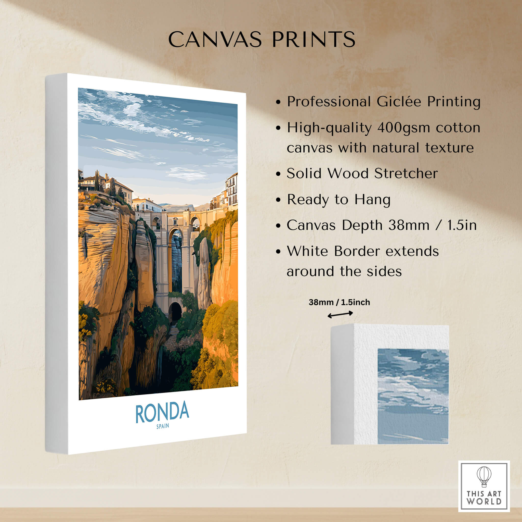 Ronda Spain Poster | Iconic Stone Bridge & Valley View Canvas Print showcasing professional Giclée printing and design details.