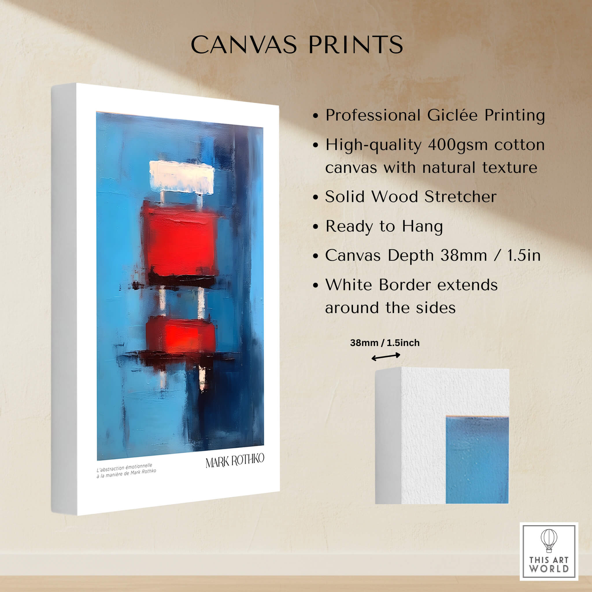 Rothko Inspired Abstract Red Blocks Art Print | Blue Background Wall Decor showcasing Giclée printing and solid wood stretcher.