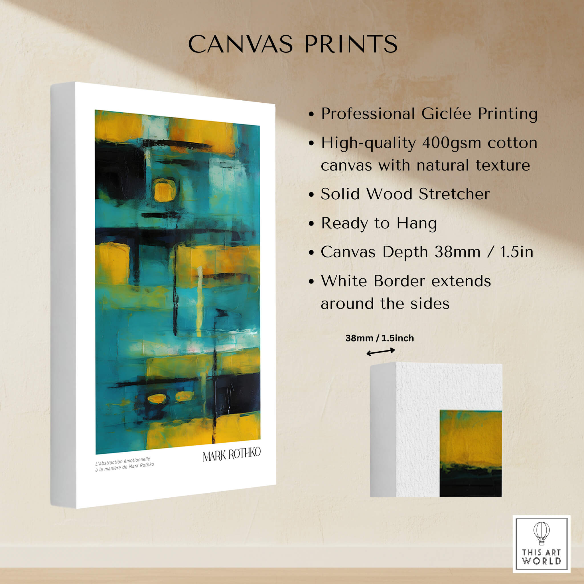 Rothko Inspired Abstract Yellow and Teal Art Print | Modern Poster displayed on high-quality canvas with solid wood stretcher.