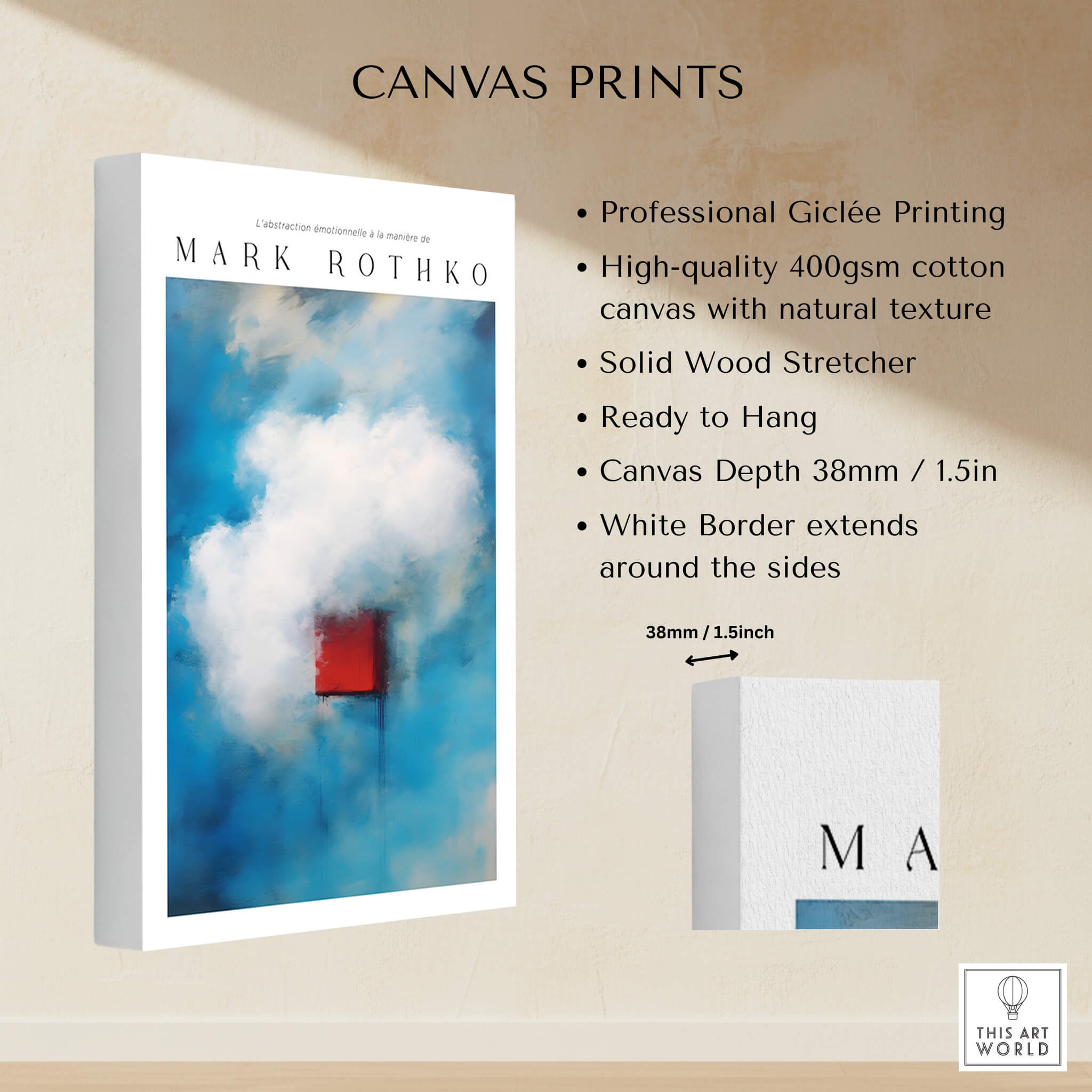 Rothko Style Minimalist Cloud Painting Print | Modern Abstract Wall Decor details including dimensions and printing quality.